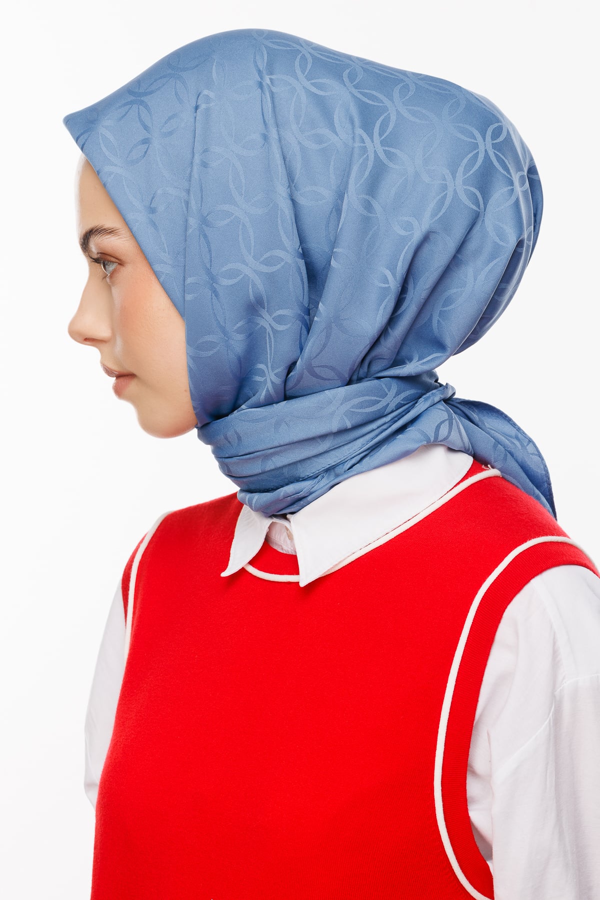 Toptan London Desen İpeksi Jakar Eşarp - Gök Mavisi