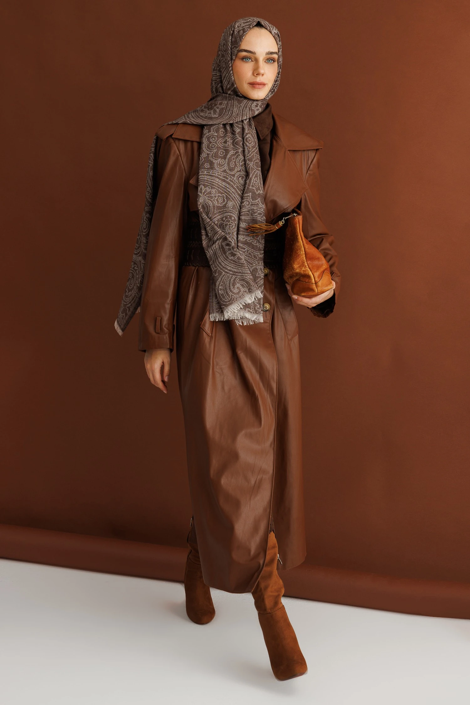 Toptan Rumi Desen Yün Kaşmir Şal - Acı Kahve