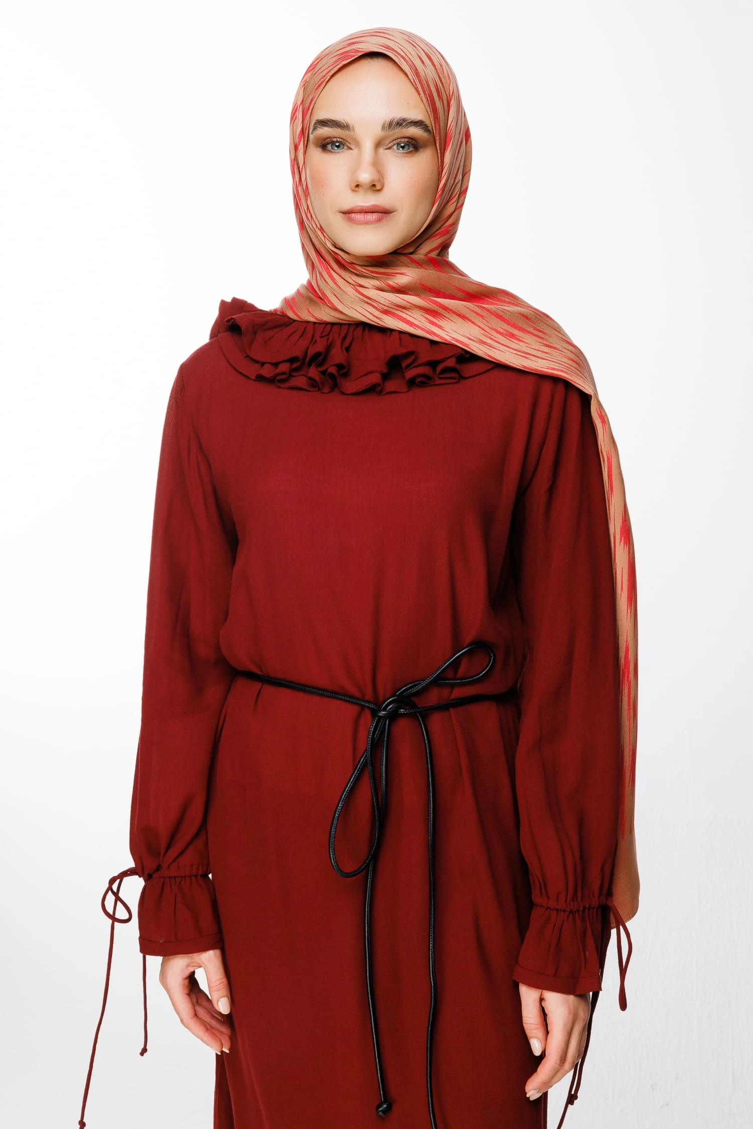 Toptan Selis Desen Çift Taraflı Şal - Vizon-Kırmızı