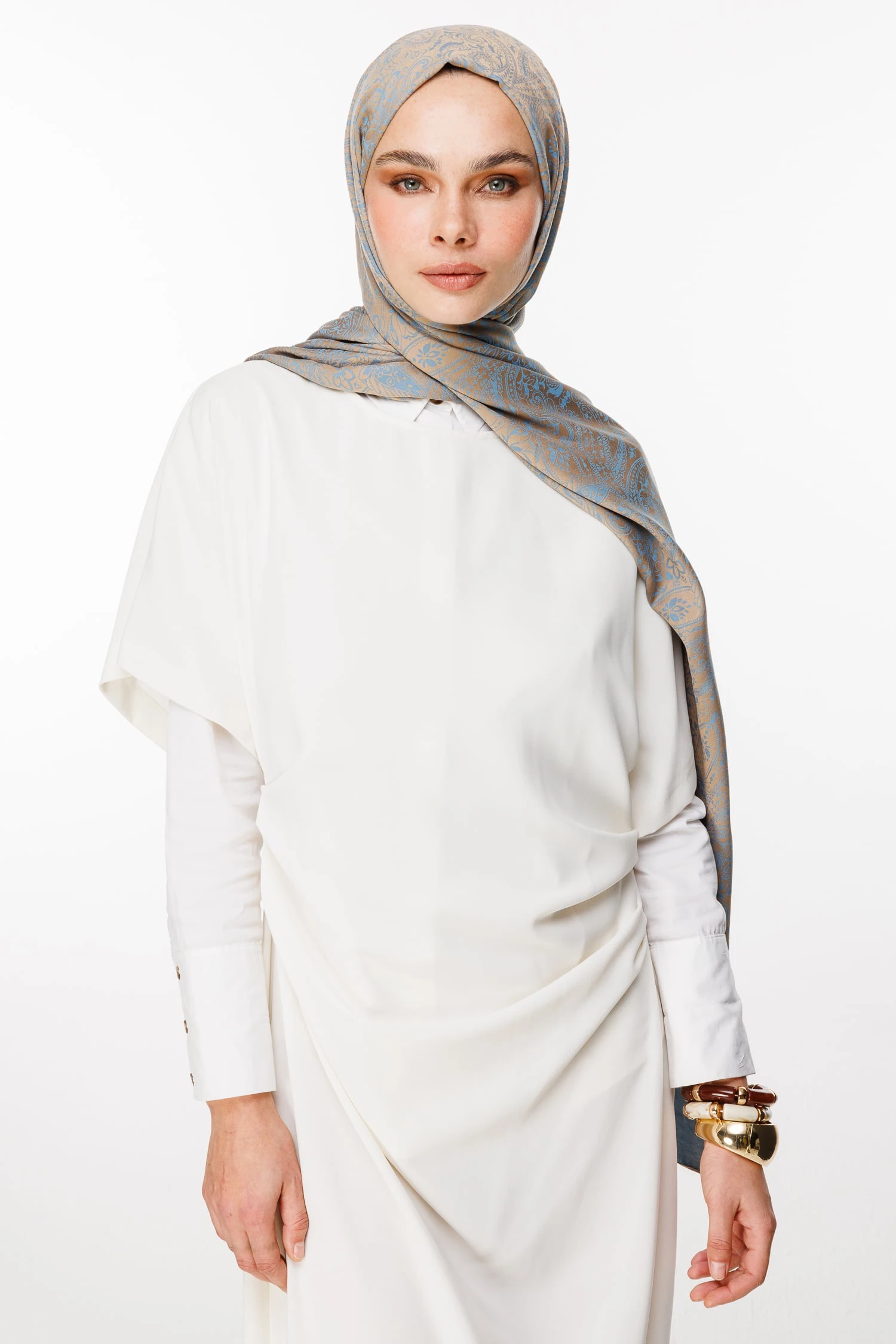 Toptan Velora Desen Çift Taraflı Şal - Vizon-Turkuaz