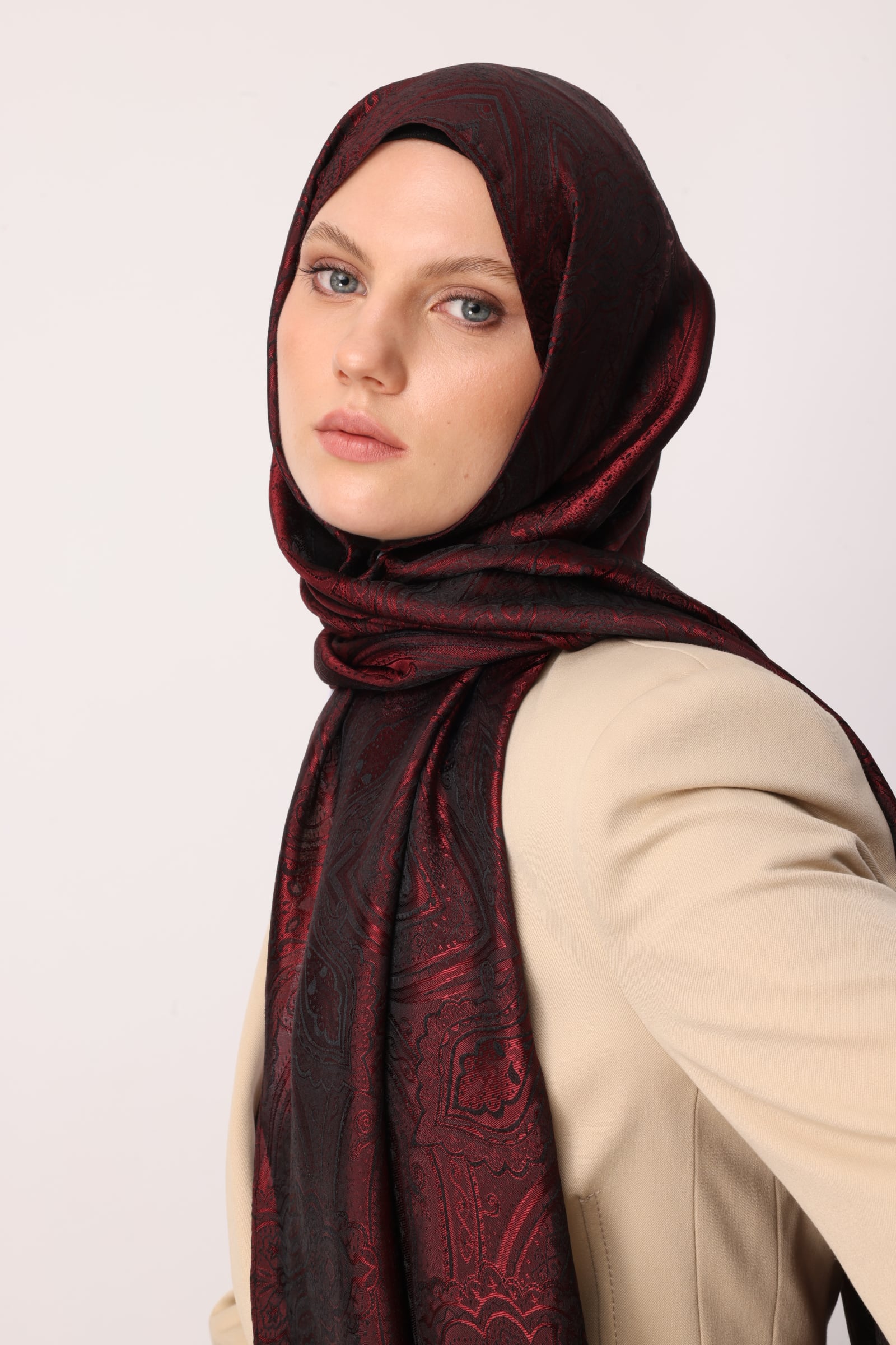 Toptan Liva Desen Shine Line Şal - Siyah-Bordo