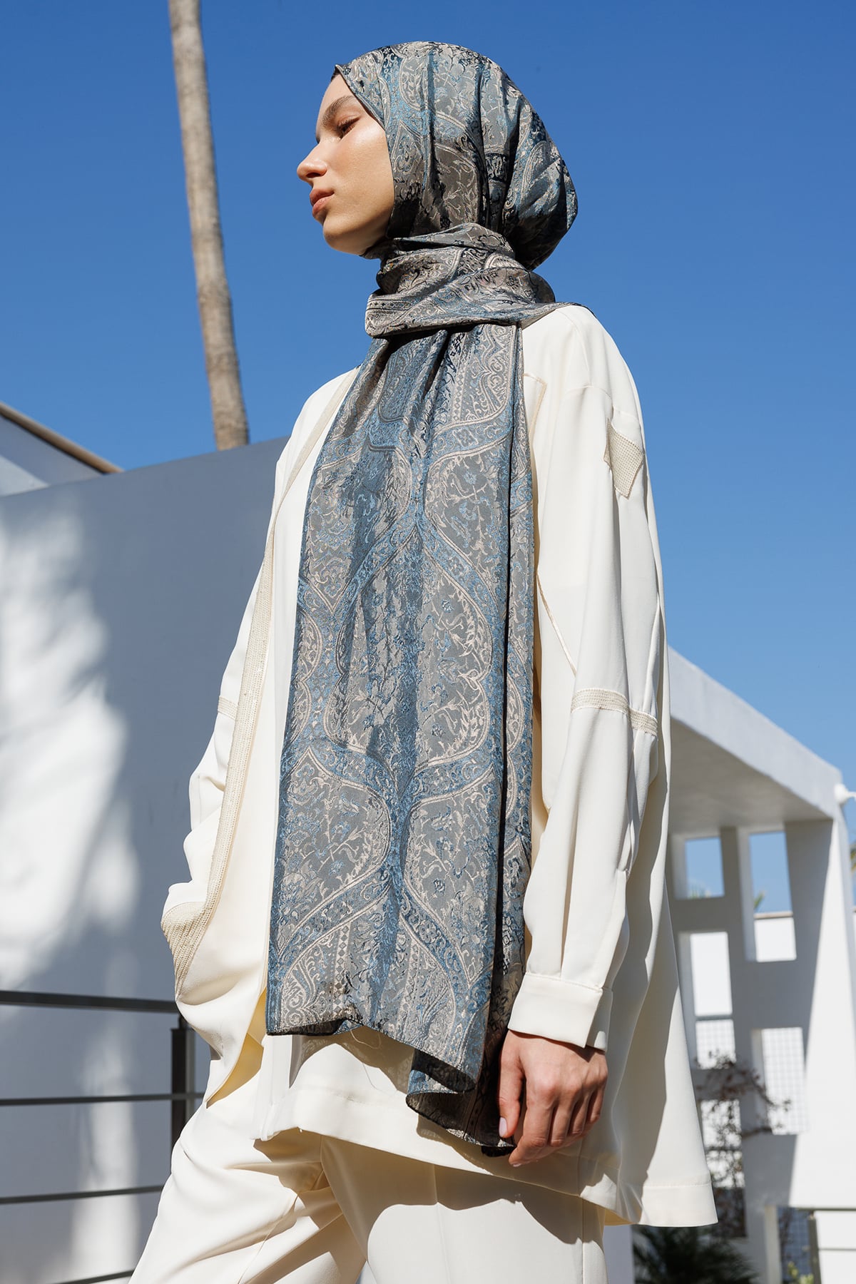 Shline Line Viscose Shawl - Petrol Blue-Beige