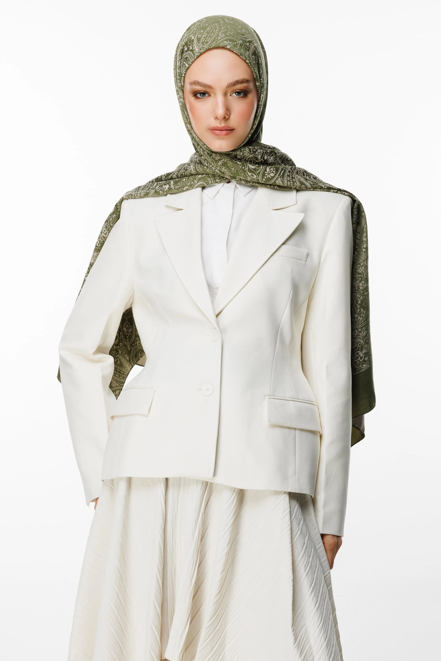 Toptan Velora Desen Çift Taraflı Şal - Haki-Somon