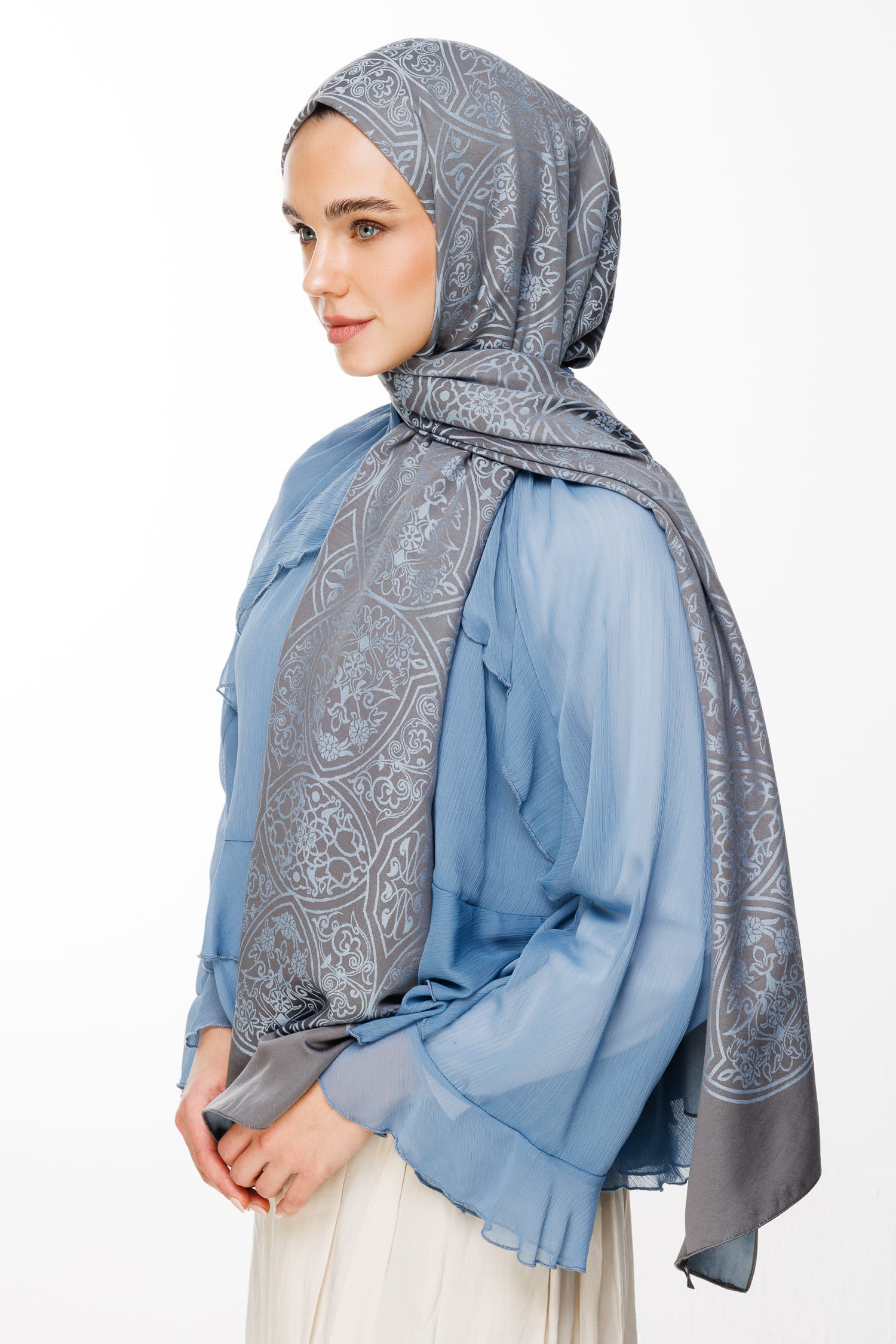 Toptan Morocco Desen Çift Taraflı Şal - Koyu Gri-Açık Mavi
