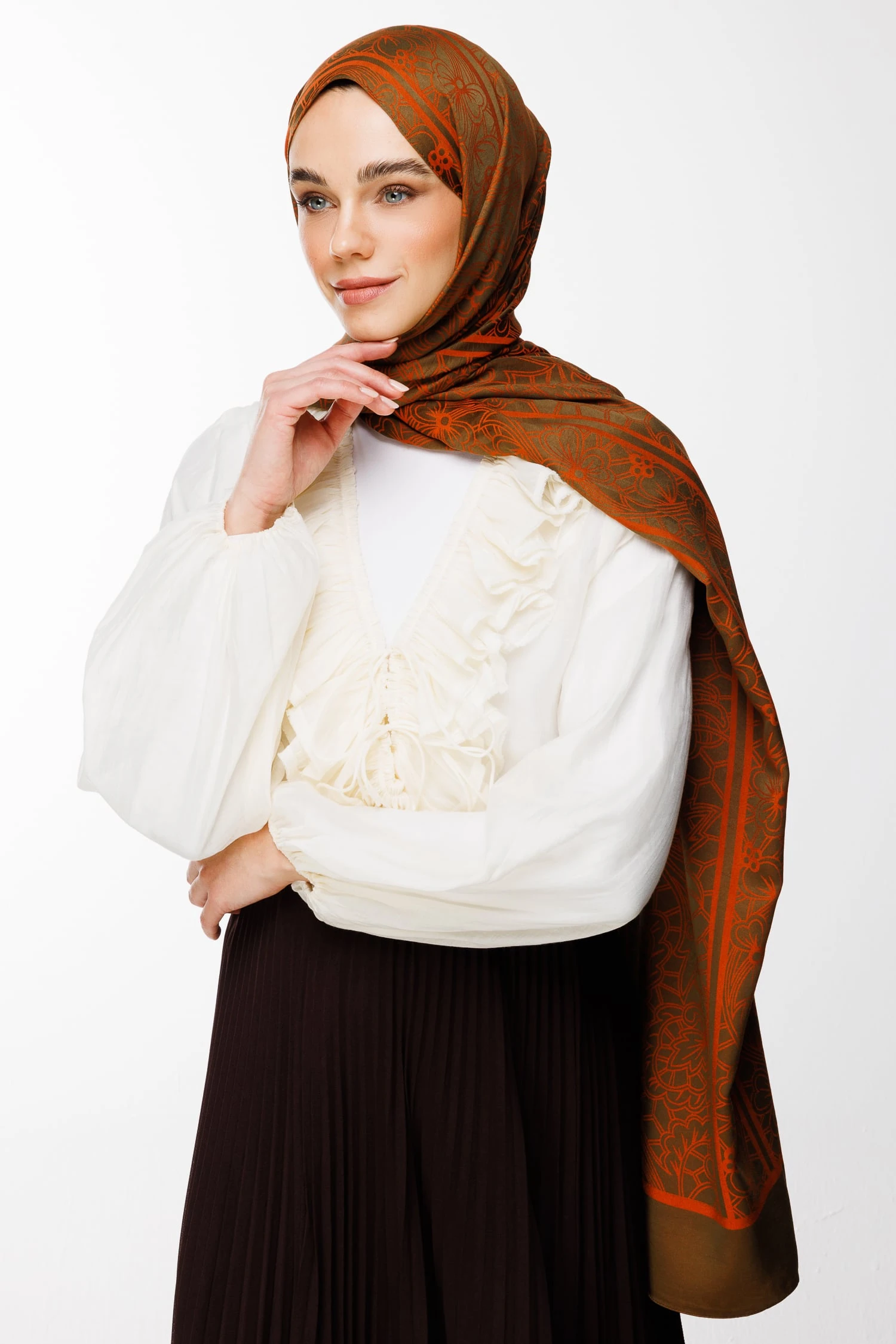 Lavin-Pattern Reversible Shawl - Dark Khaki-Cinnamon
