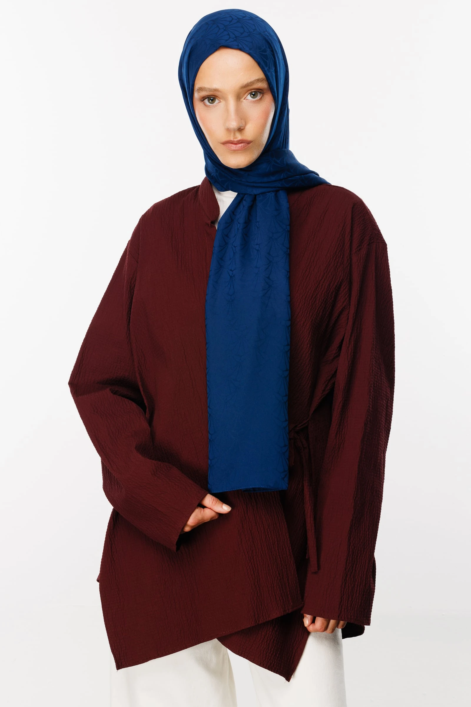 Toptan Lotus Desen İpeksi Jakar Şal - Lacivert