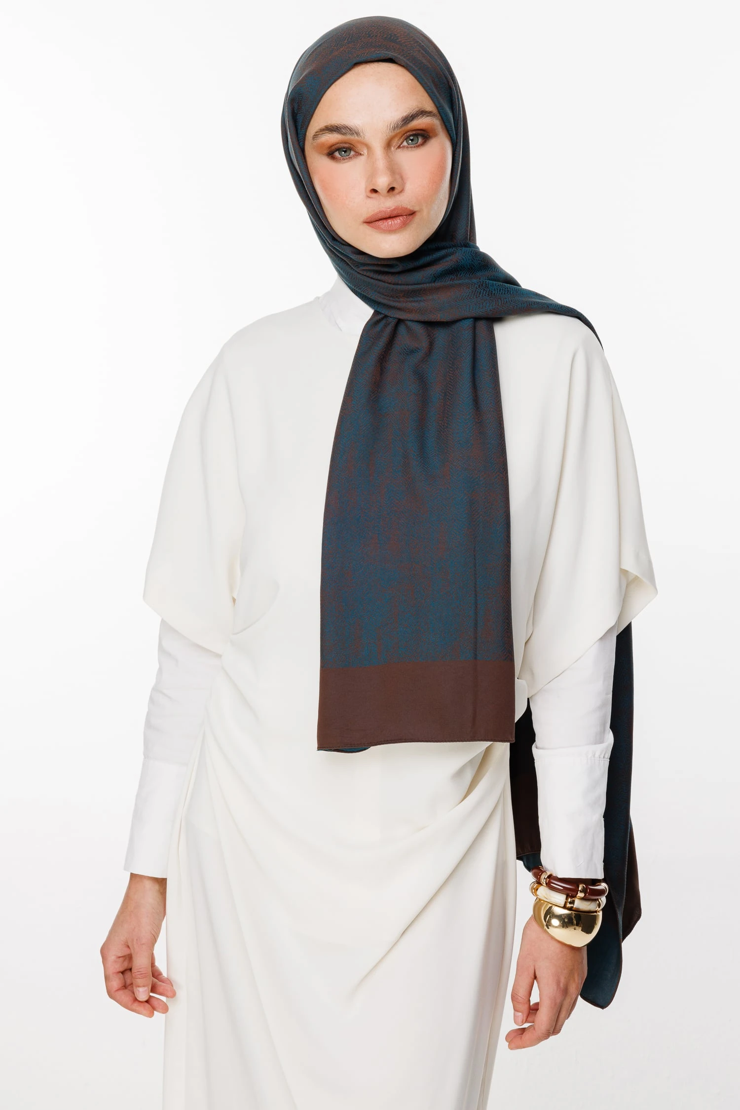 Toptan Sahra Desen Çift Taraflı Şal - Acı Kahve-Petrol Mavisi