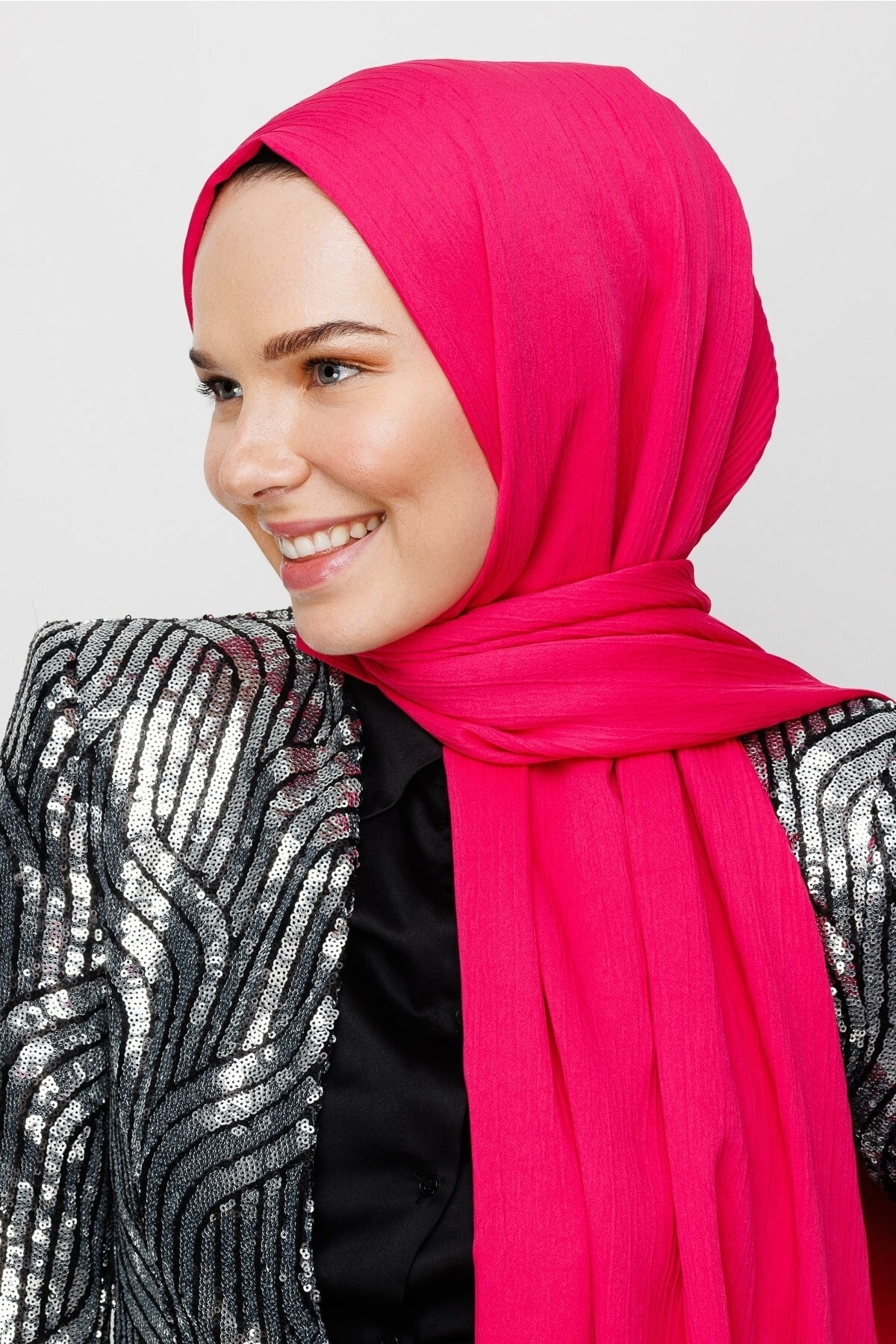 Toptan Krinkıl Medine İpeği Şal - Fuşya