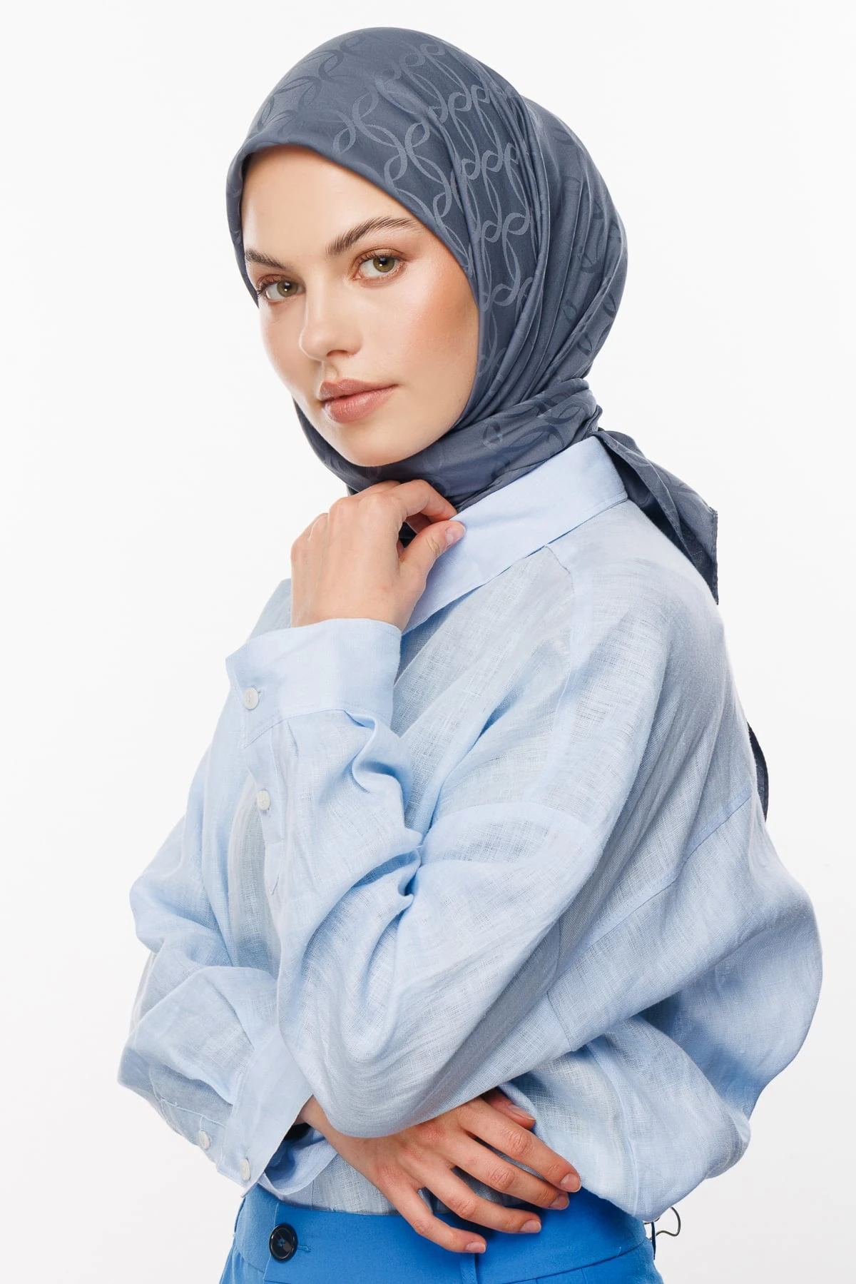 Toptan London Desen İpeksi Jakar Eşarp - Füme