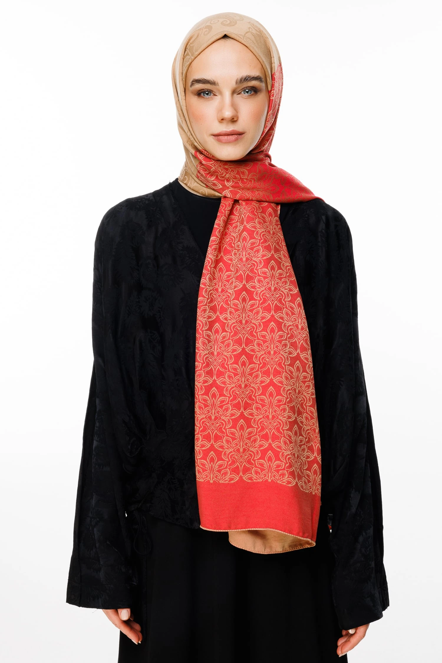 Nora-Pattern Reversible Shawl - Mink-Red