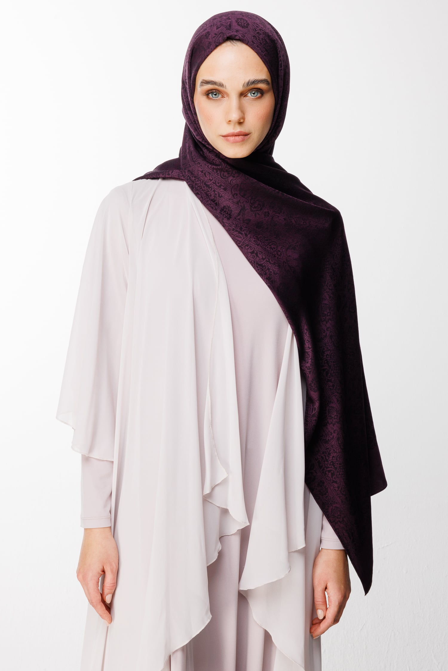 Toptan Henna Desen Çift Taraflı Şal - Mor-Siyah