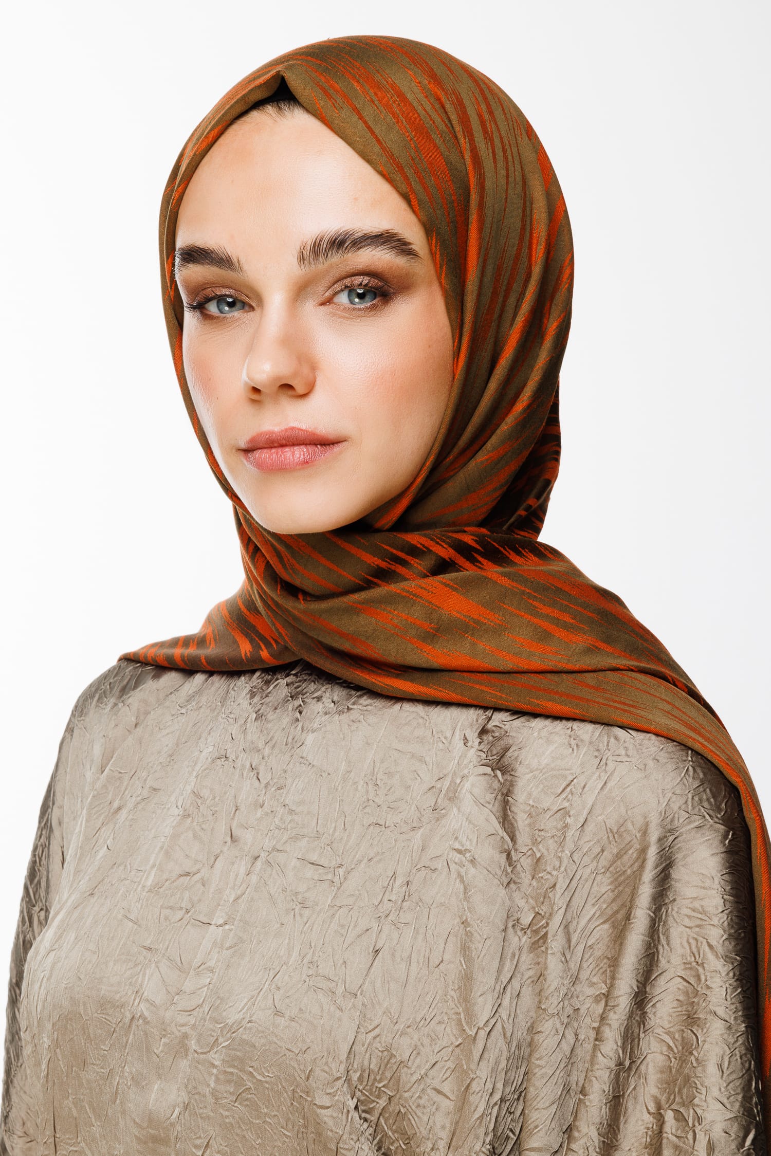 Toptan Selis Desen Çift Taraflı Şal - Koyu Haki-Tarçın