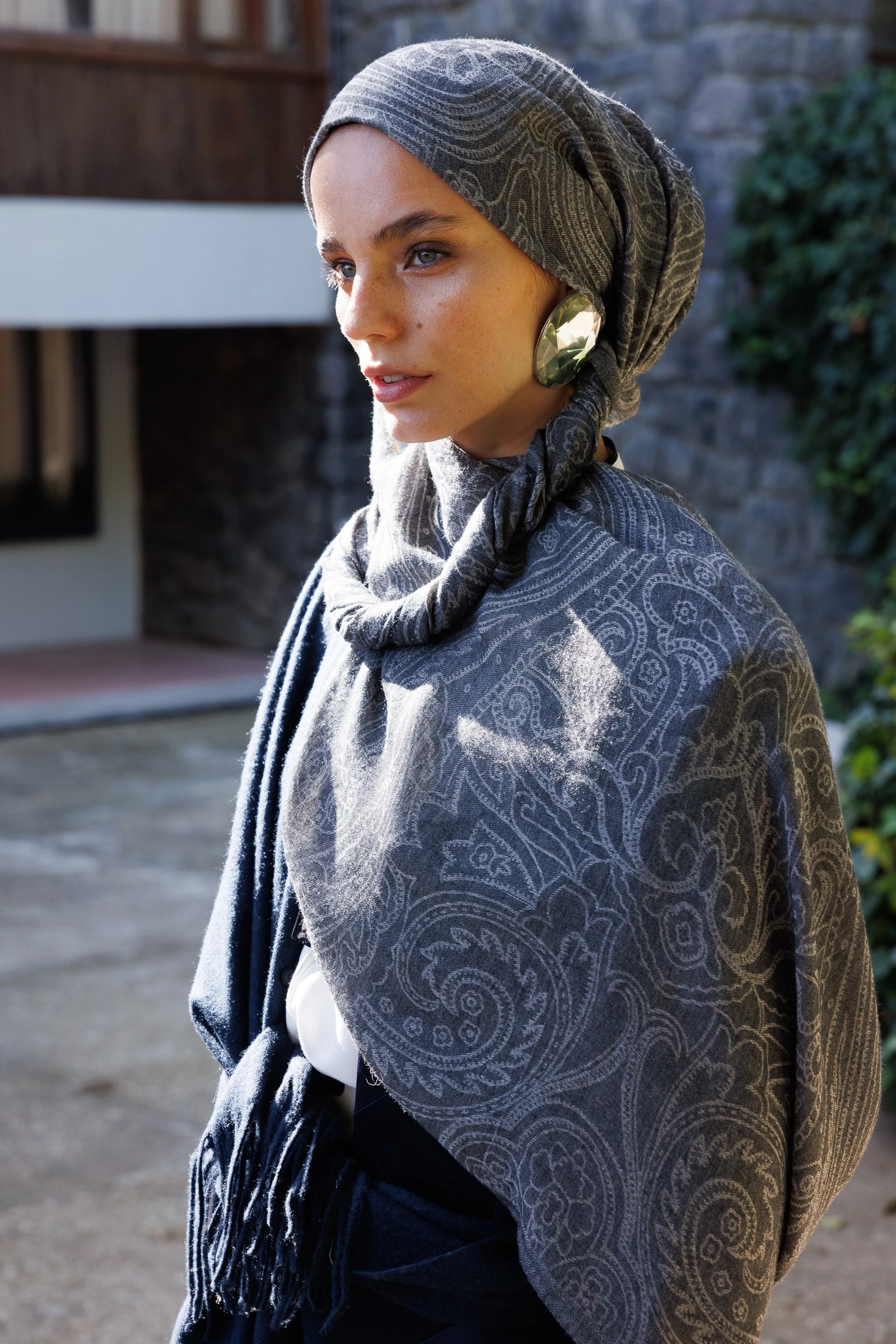 Toptan Rumi Desen Yün Kaşmir Şal - Lacivert