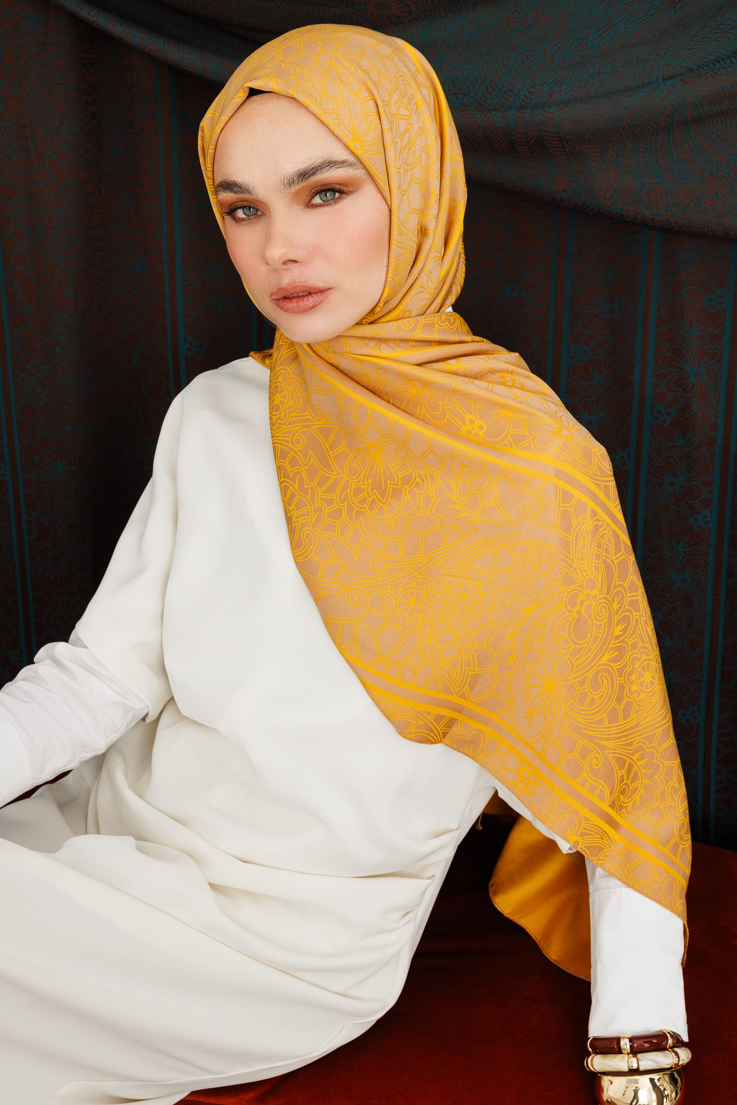 Lavin-Pattern Reversible Shawl - Mink-Mustard