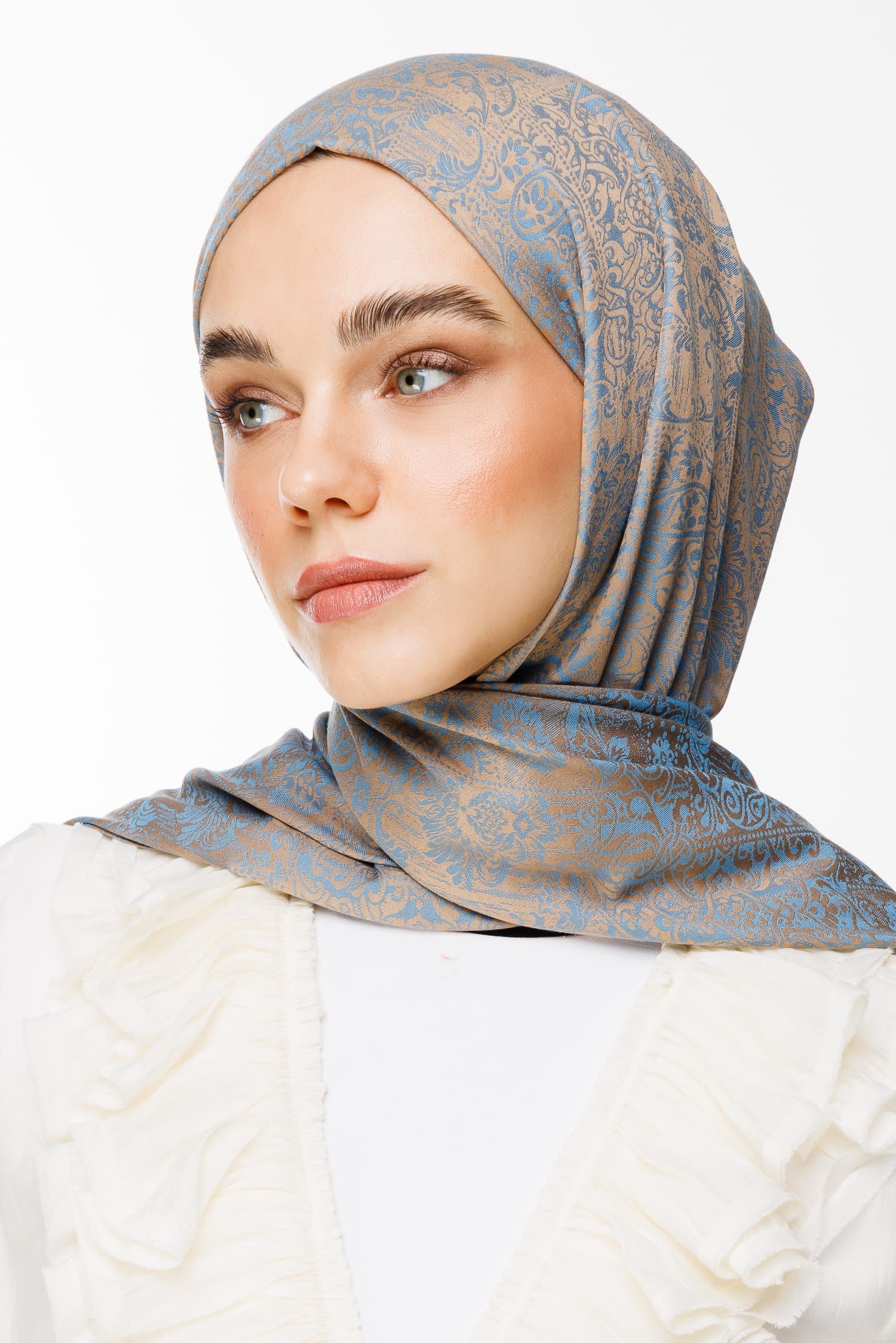 Toptan Henna Desen Çift Taraflı Şal - Vizon-Turkuaz