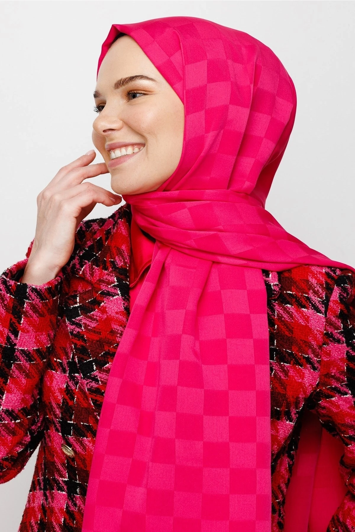 Toptan Dama Desen İpeksi Jakar Şal - Fuşya