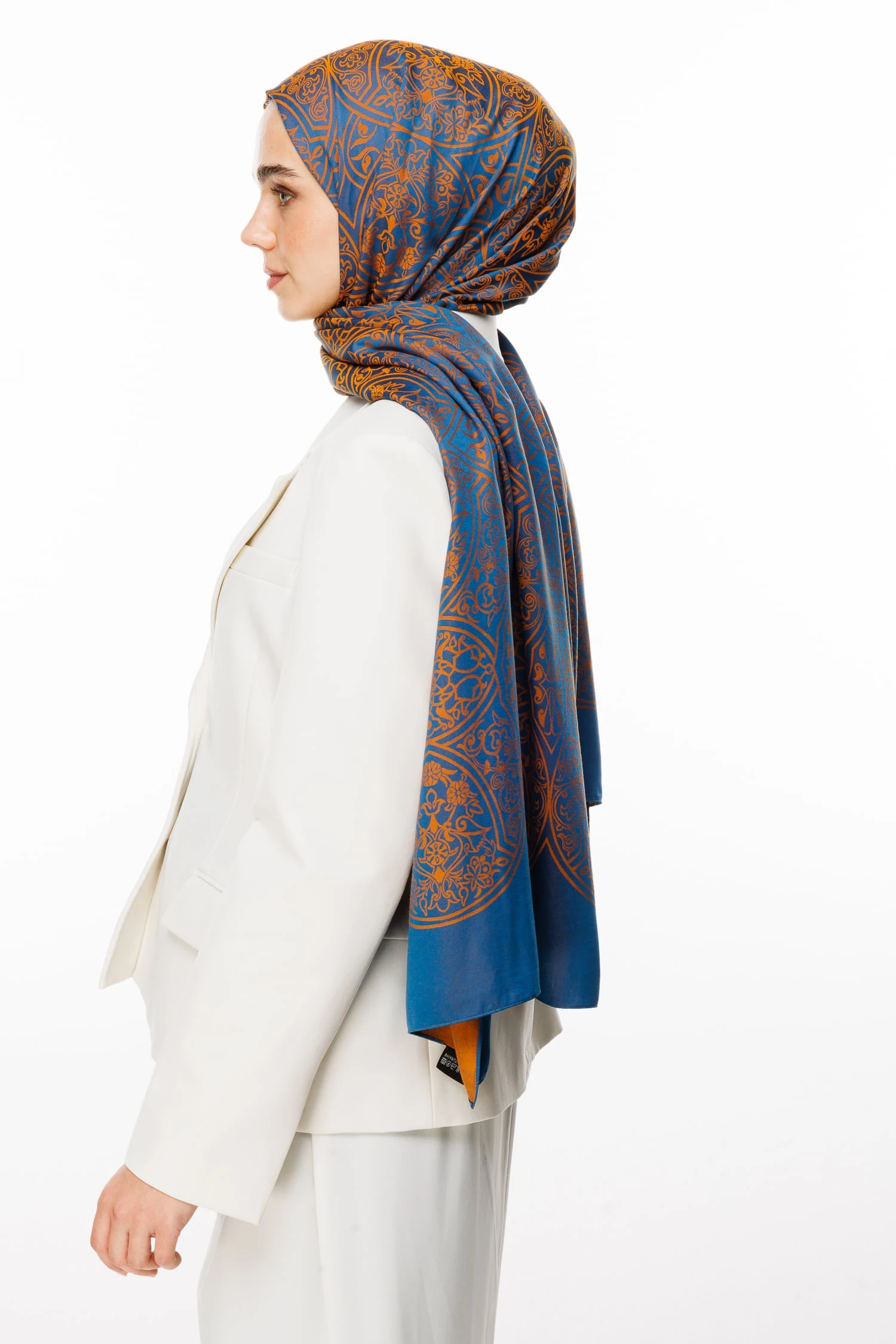 Toptan Morocco Desen Çift Taraflı Şal - Petrol Mavisi-Turuncu