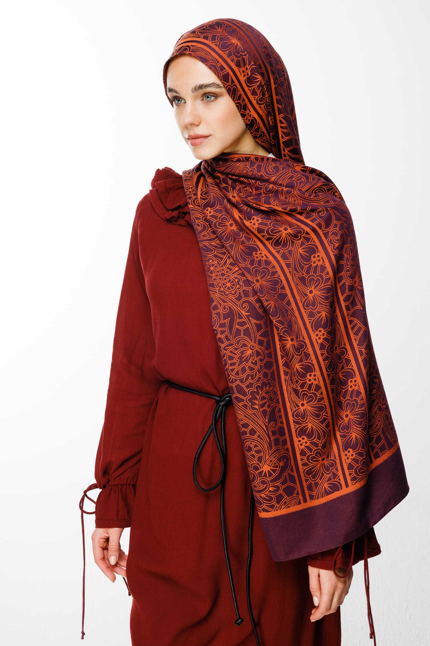 Lavin-Pattern Reversible Shawl - Purple-Orange