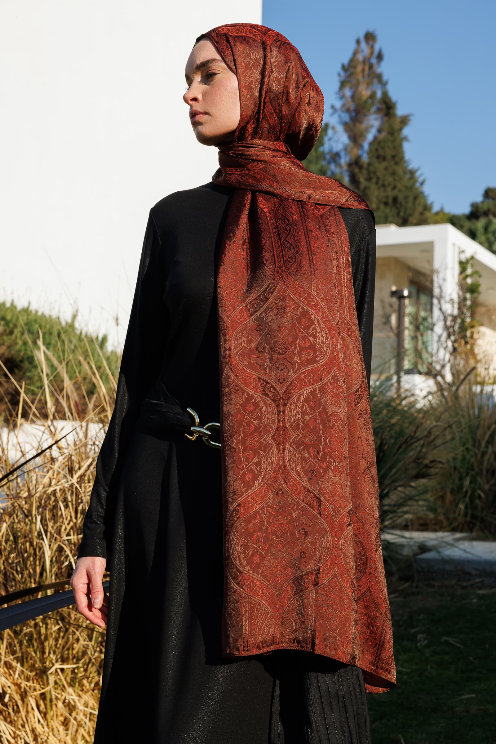 Shline Line Viscose Shawl - Bitter Coffee-Coffee