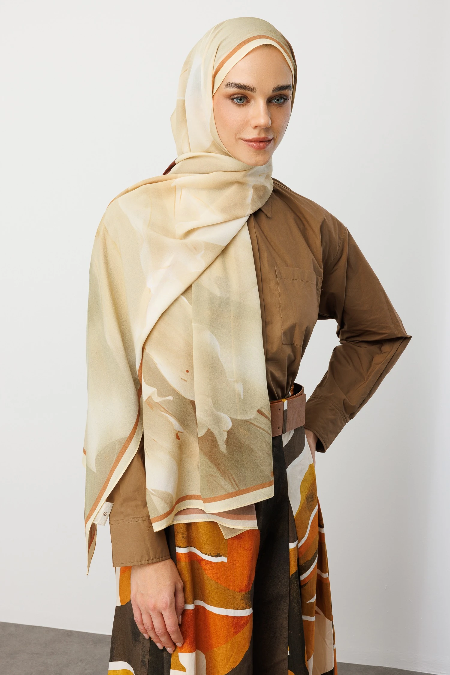 Toptan Pure Desen Hebei İpek Şal - Krem