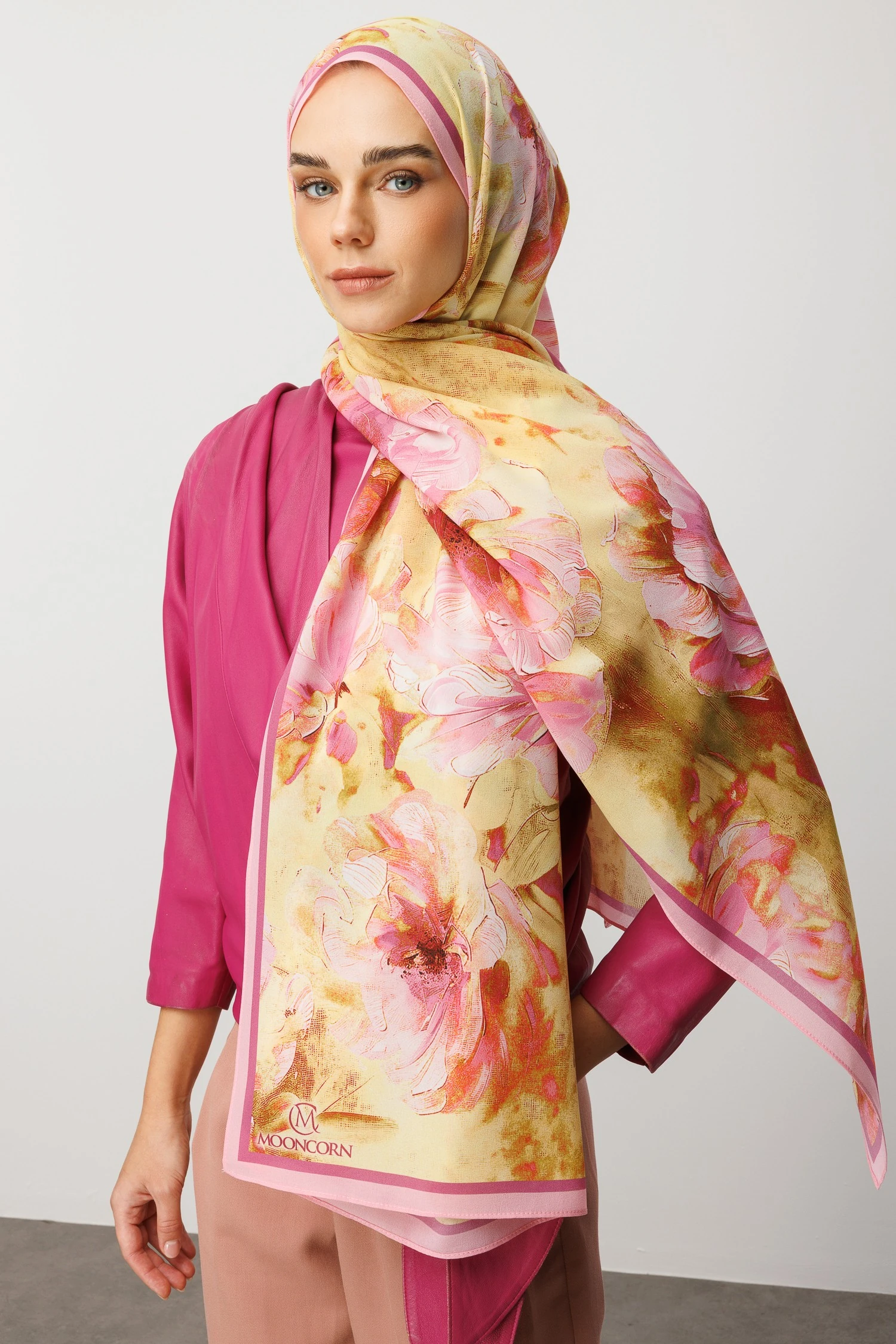 Toptan Rose Desen Hebei İpek Şal - Pembe
