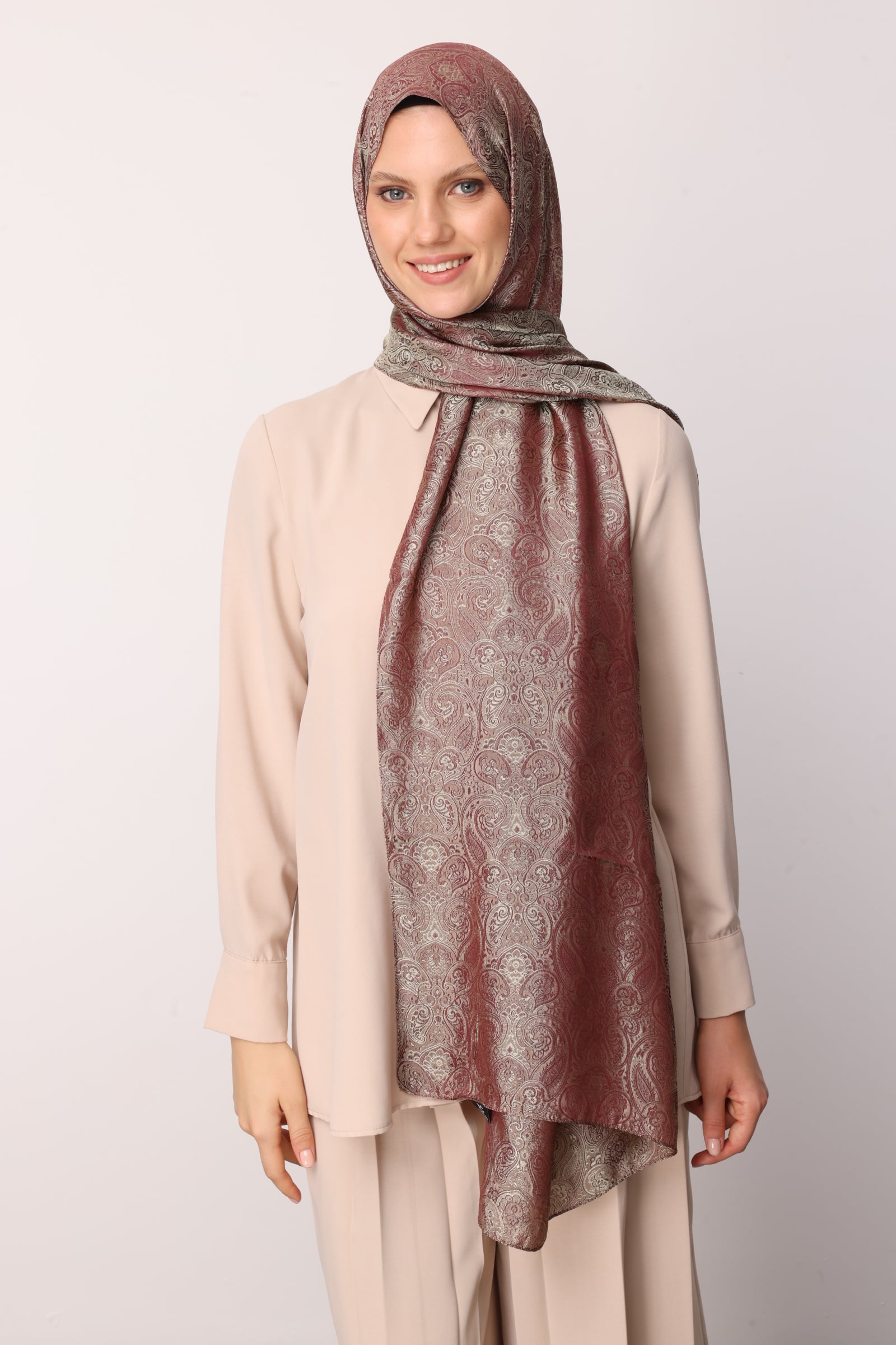 Toptan Moren Desen Shine Line Şal - Mürdüm-Somon