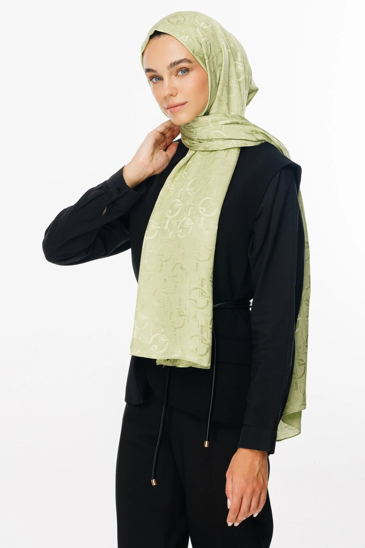 Toptan Longar Desen Parlak Jakar Şal - Fıstık Yeşili