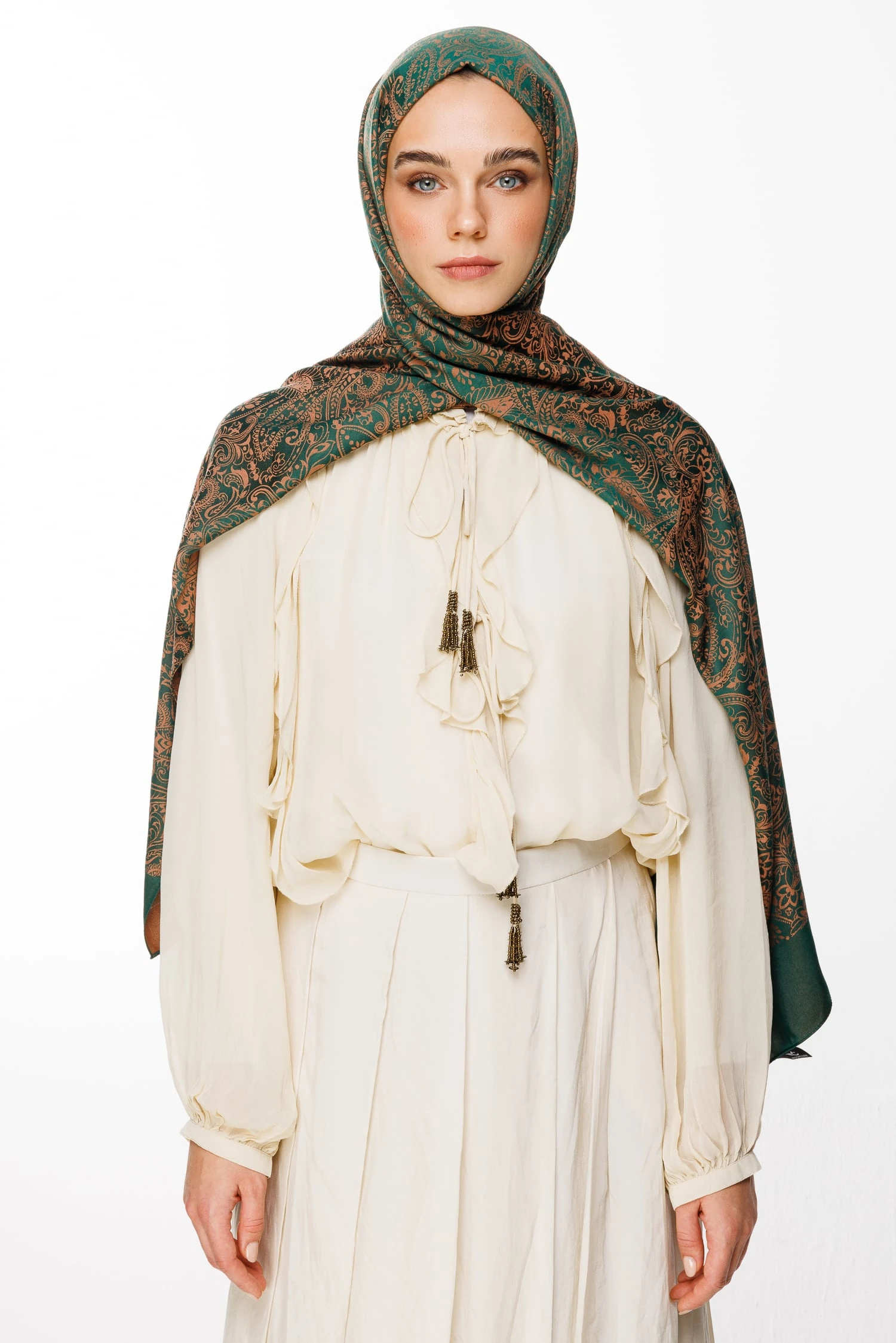 Toptan Velora Desen Çift Taraflı Şal - Zümrüt-Kayısı