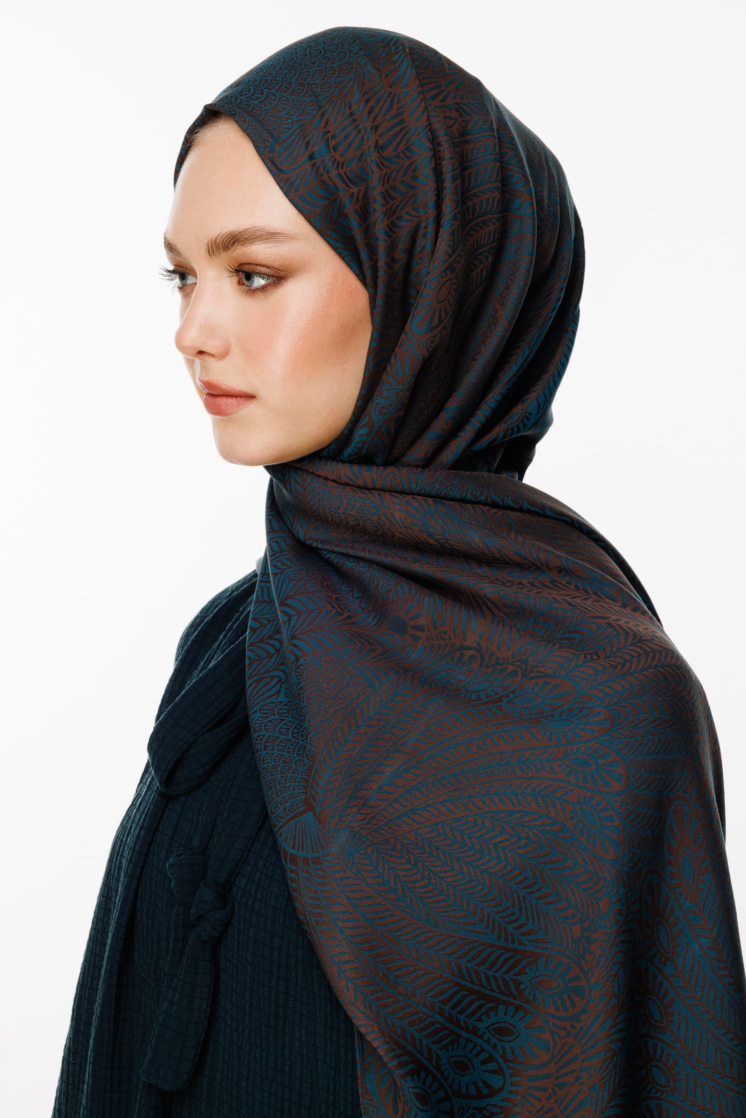 Toptan Mayra Desen Çift Taraflı Şal - Acı Kahve-Petrol Mavisi