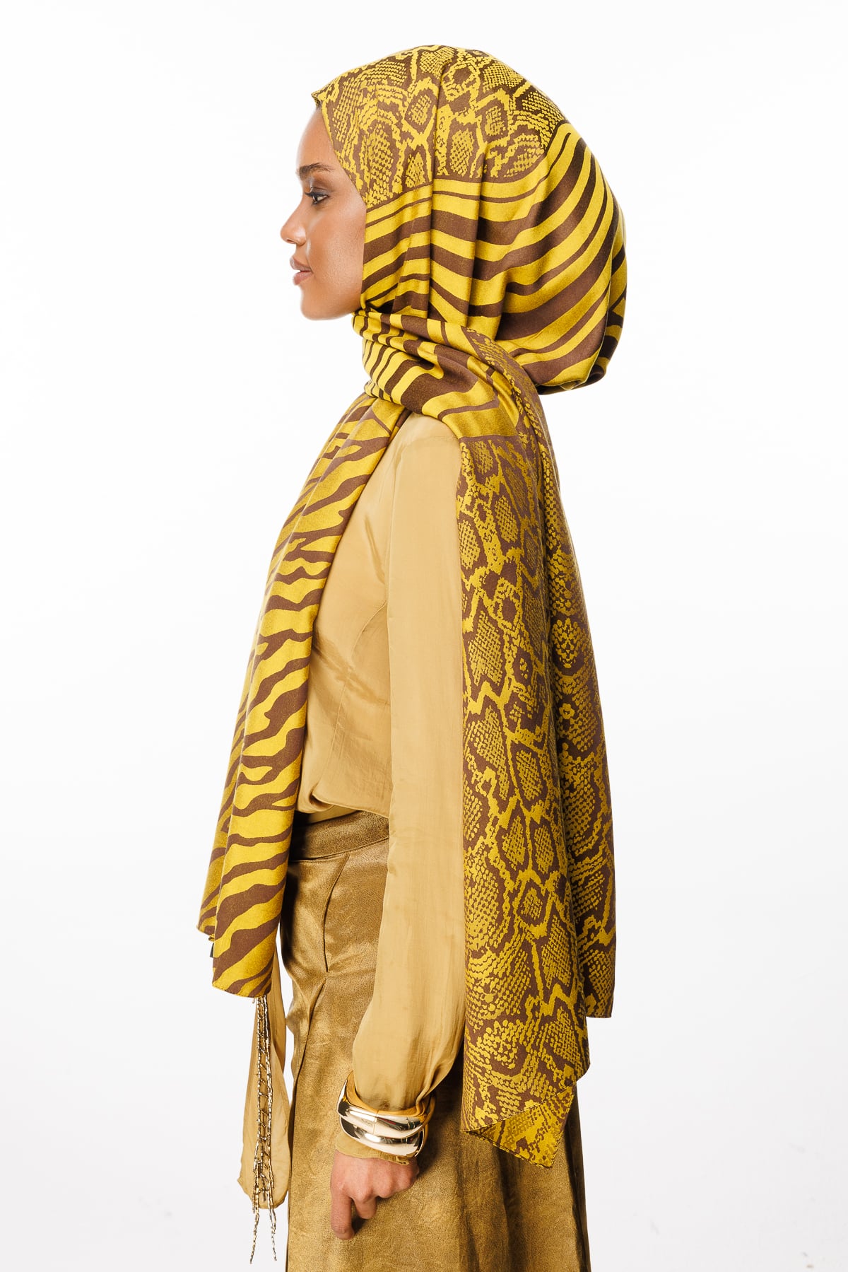 Riad-Pattern Reversible Shawl - Bitter Coffee-Mustard