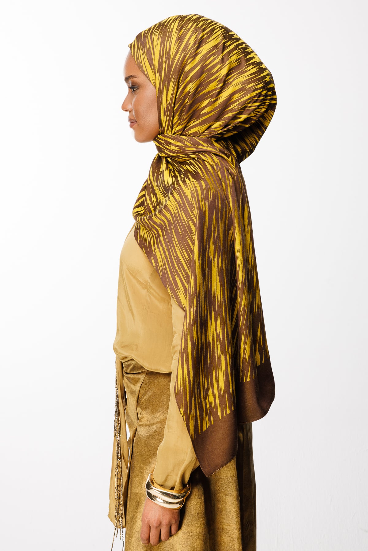 Toptan Selis Desen Çift Taraflı Şal - Acı Kahve-Hardal