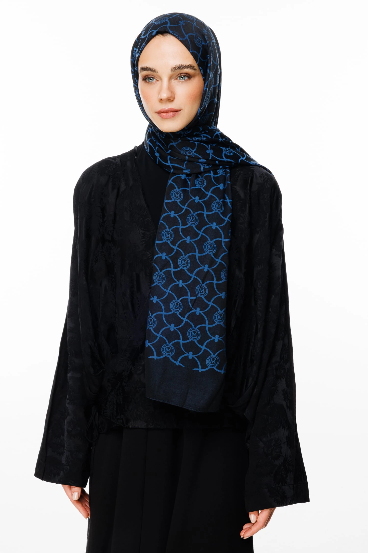 Toptan Marrakech Desen Çift Taraflı Şal - Siyah-İndigo