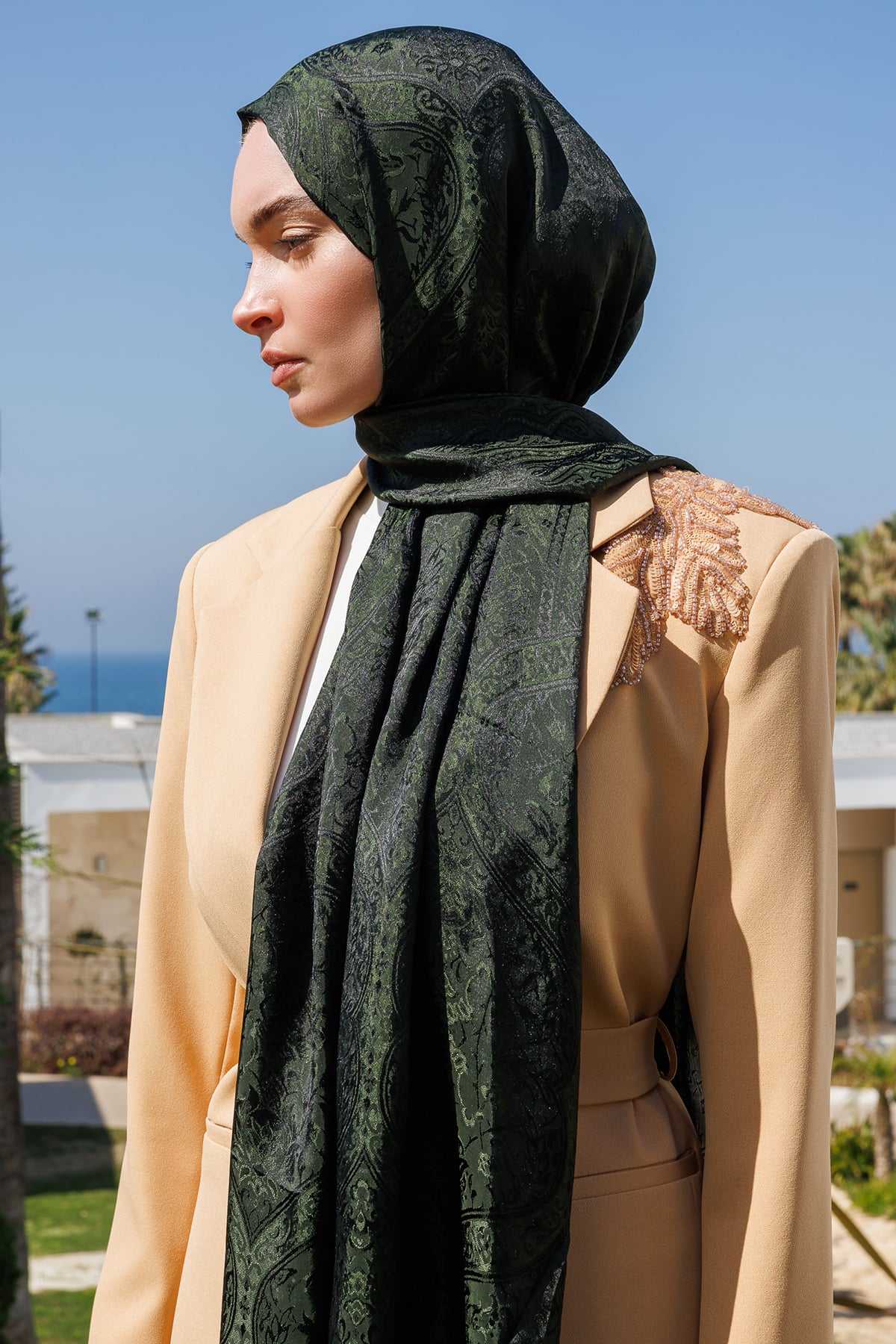 Shline Line Viscose Shawl - Black-Khaki