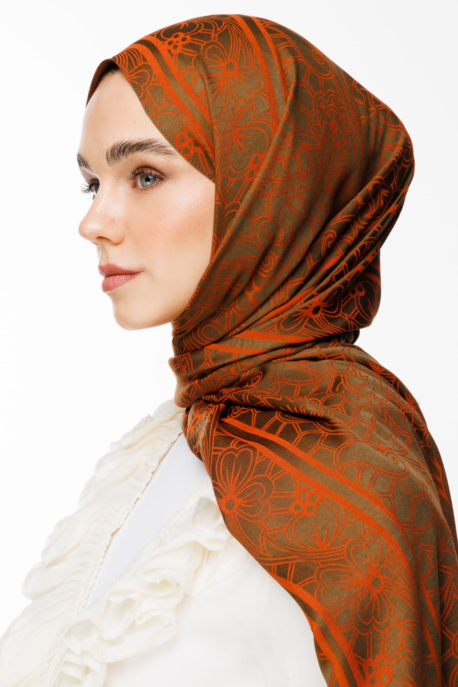 Lavin-Pattern Reversible Shawl - Dark Khaki-Cinnamon