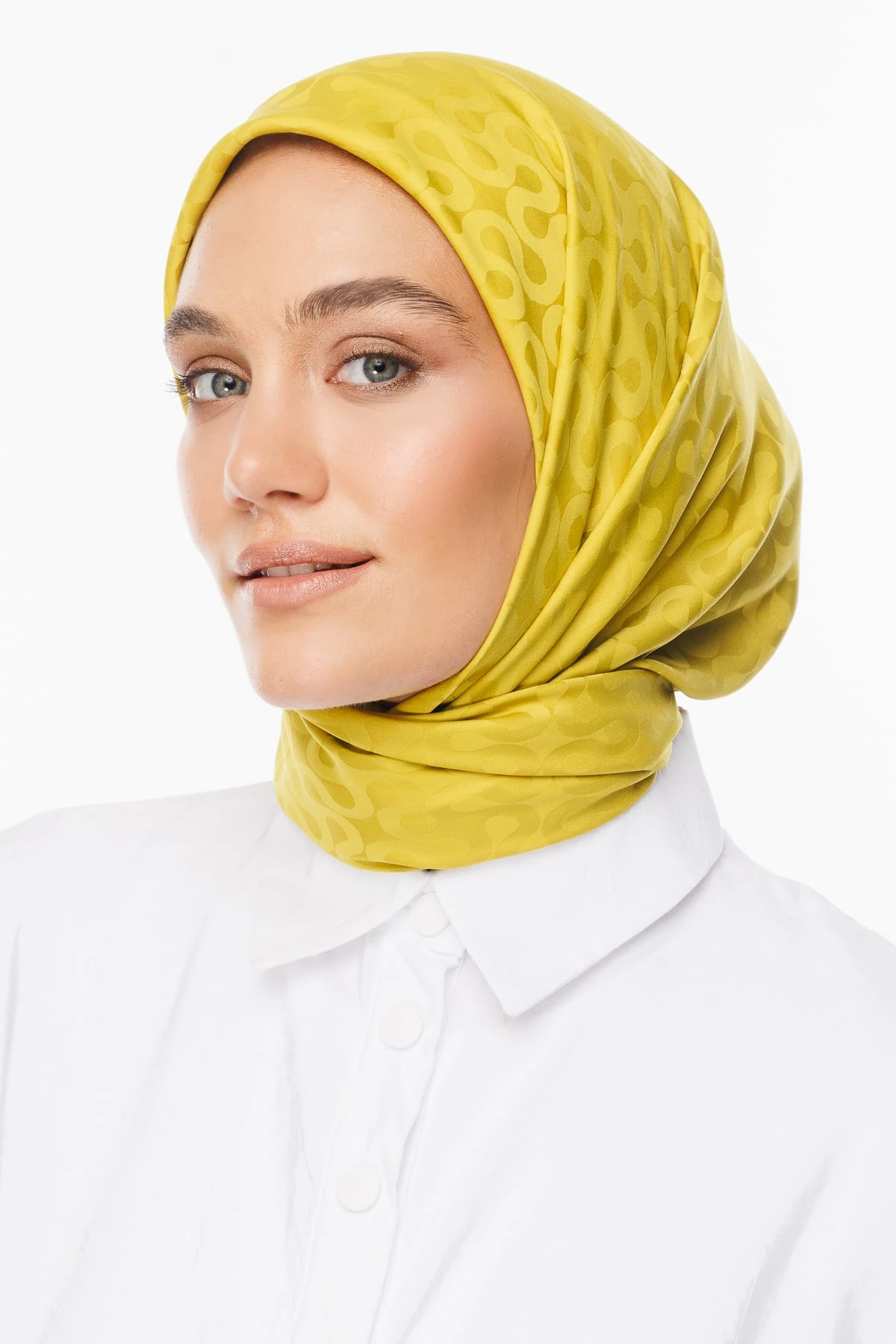 Toptan Moon Desen İpeksi Jakar Eşarp - Oliv Yeşili