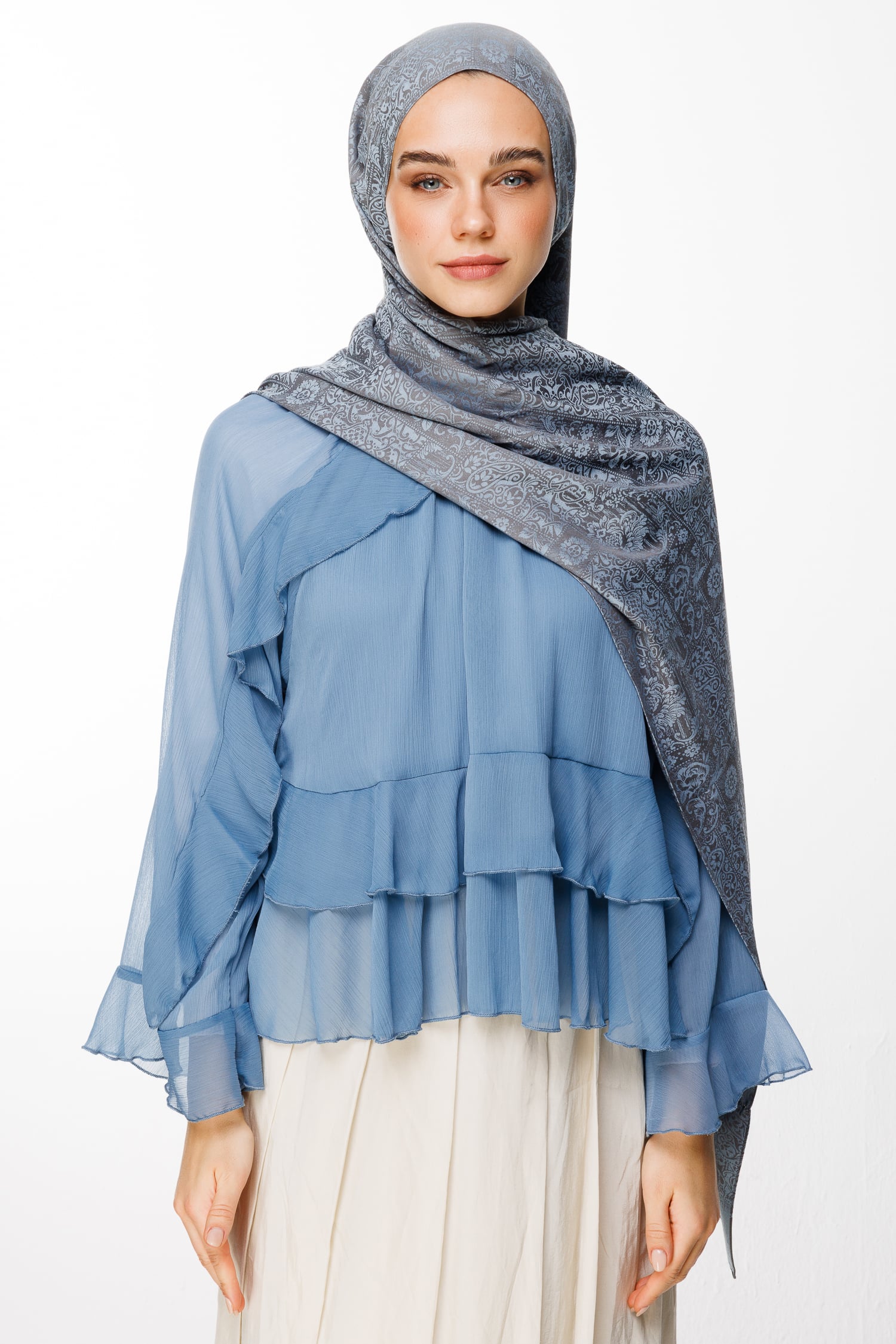 Toptan Henna Desen Çift Taraflı Şal - Koyu Gri-Açık Mavi