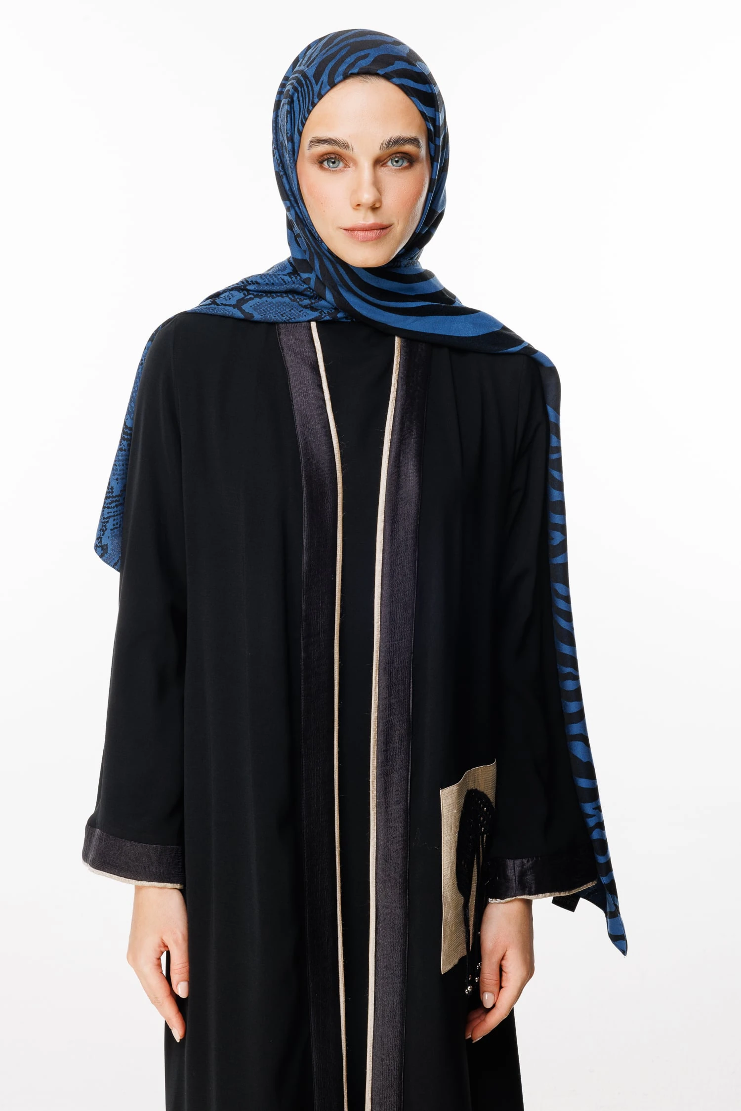Toptan Riad Desen Çift Taraflı Şal - Siyah-İndigo
