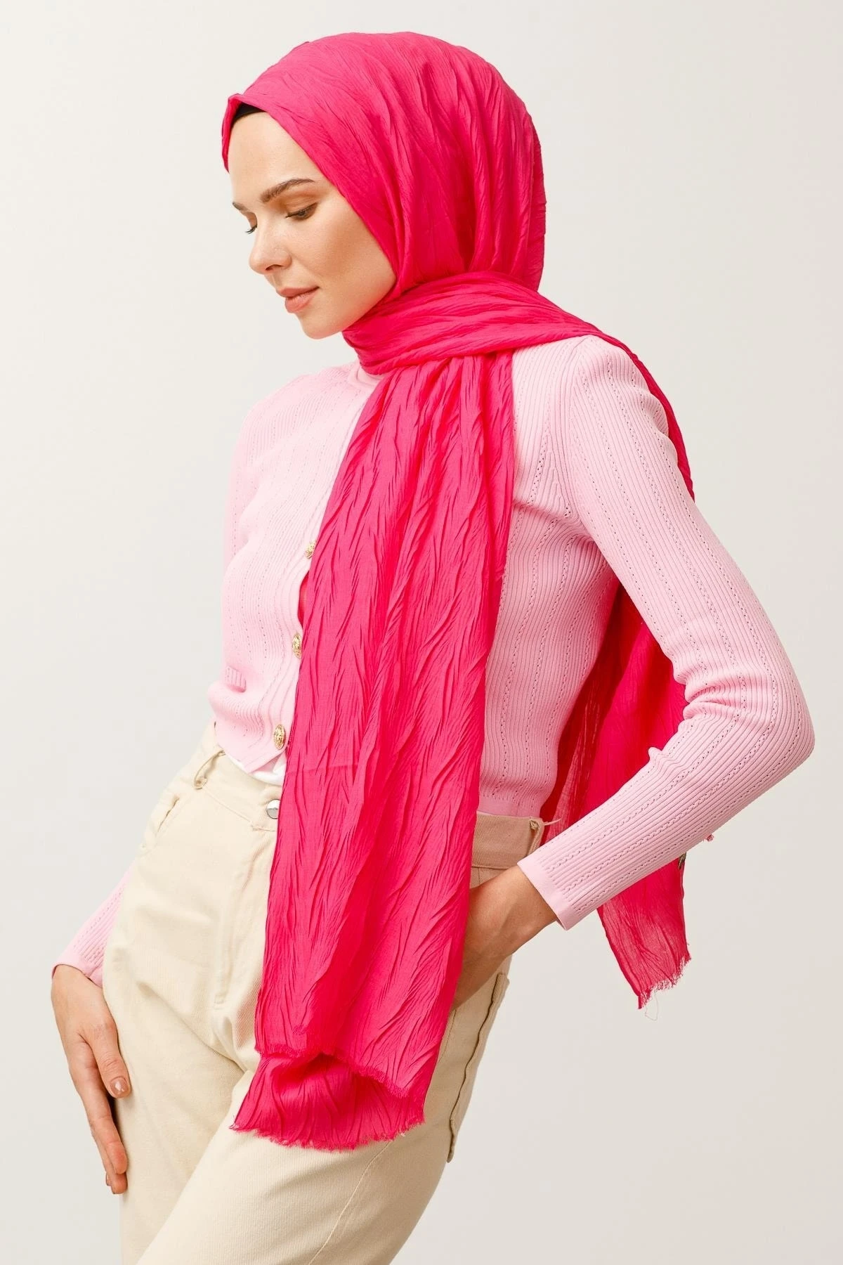 Toptan Piliseli Bambu Şal - Fuşya