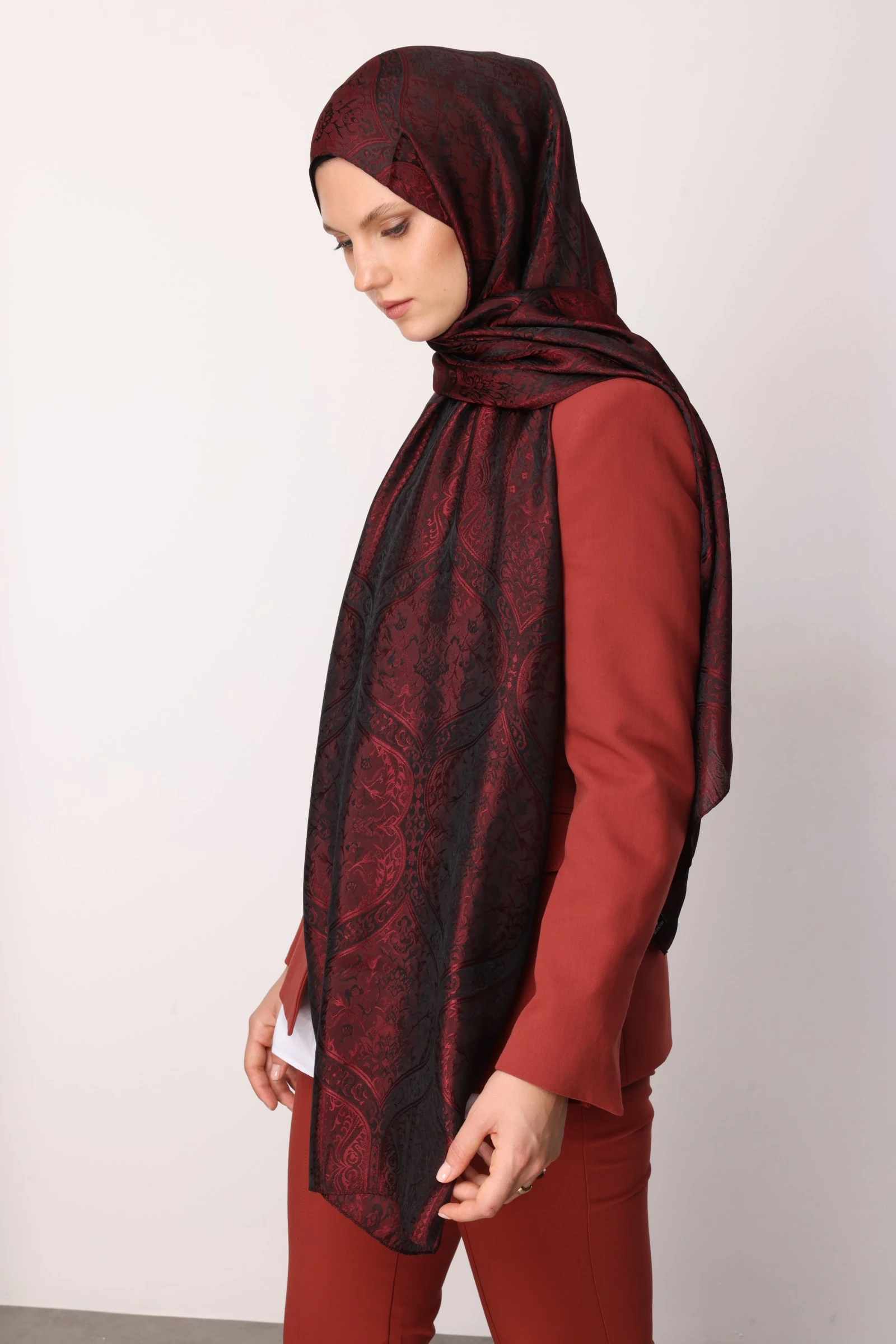 Toptan Soler Desen Shine Line Şal - Siyah-Bordo