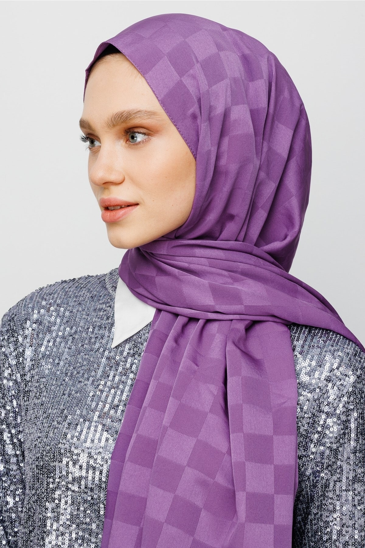 Checkers Pattern Silk Jacquard Shawl - Lavender