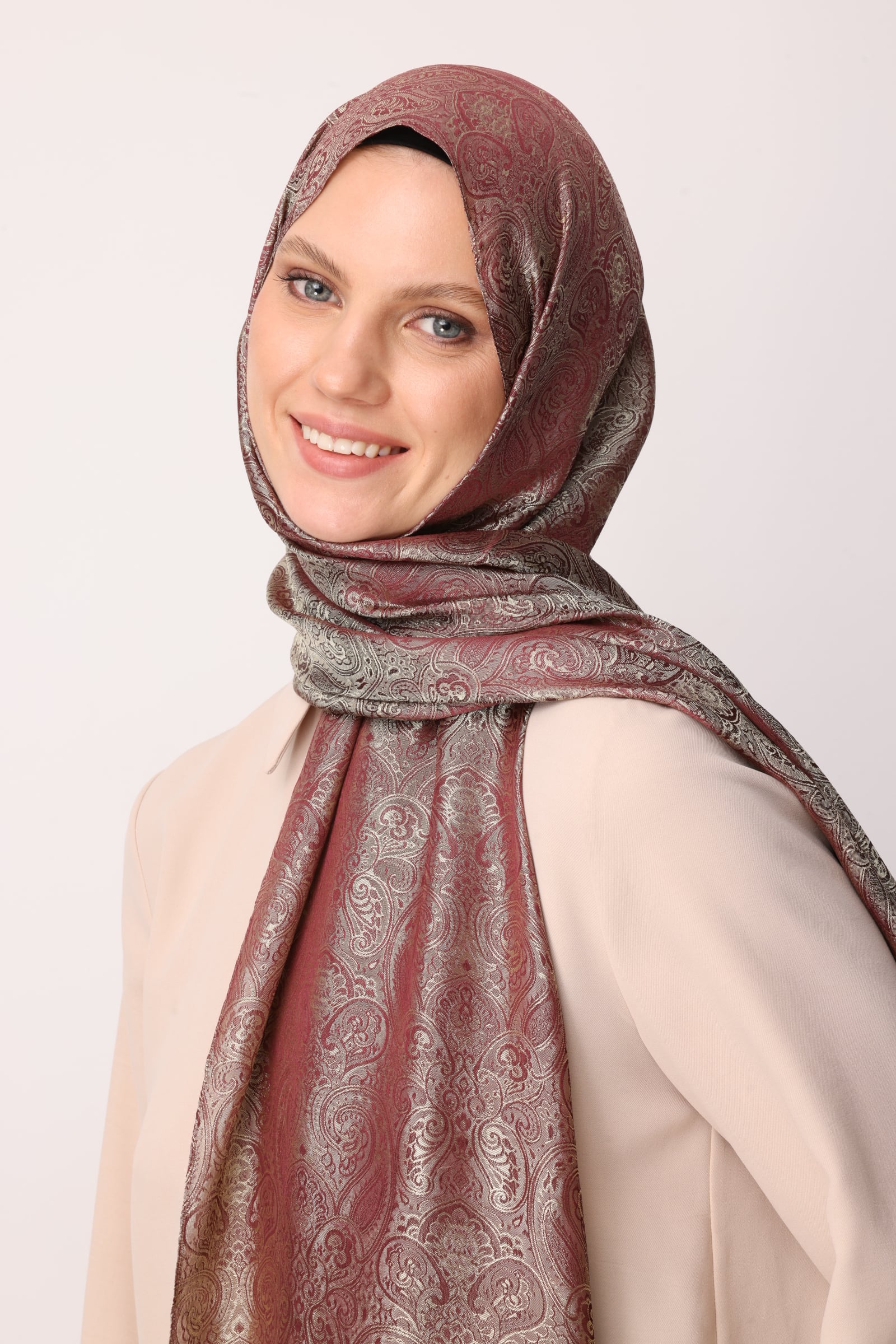 Toptan Moren Desen Shine Line Şal - Mürdüm-Somon