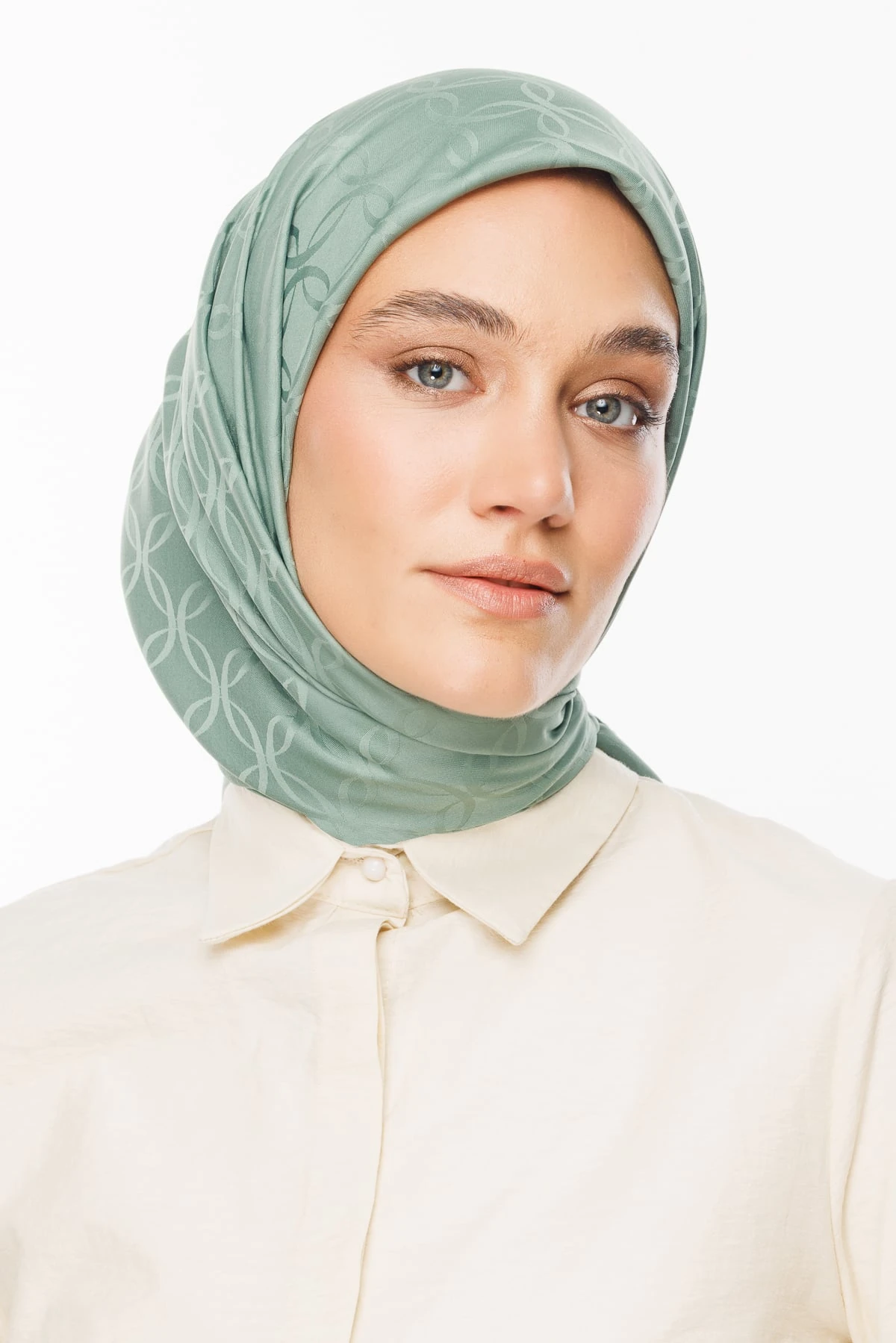 Toptan London Desen İpeksi Jakar Eşarp - Küf Yeşili