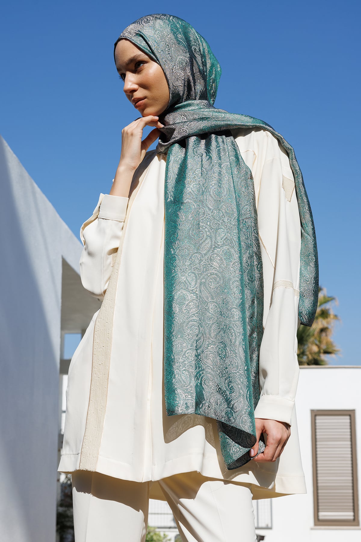 Toptan Moren Desen Shine Line Şal - Zümrüt-Pembe