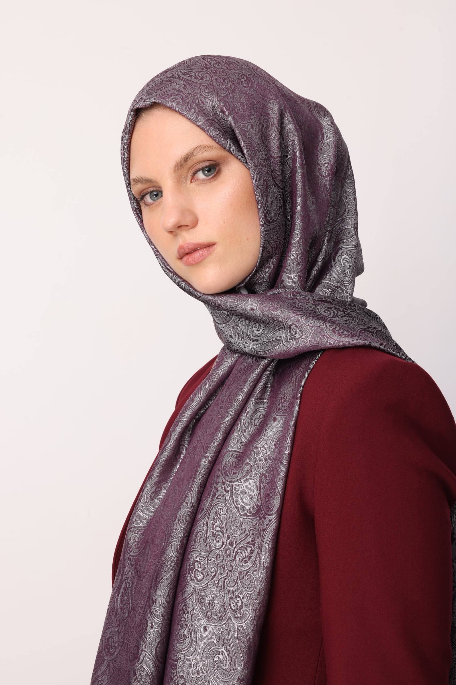 Toptan Moren Desen Shine Line Şal - Mor-Gri
