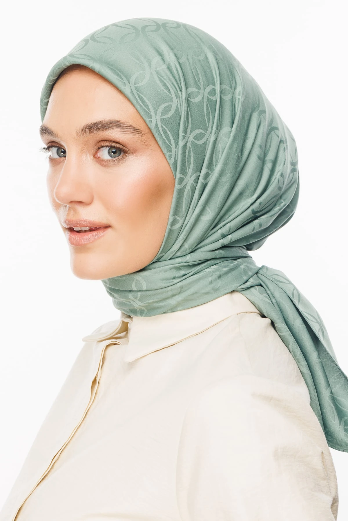 Toptan London Desen İpeksi Jakar Eşarp - Küf Yeşili