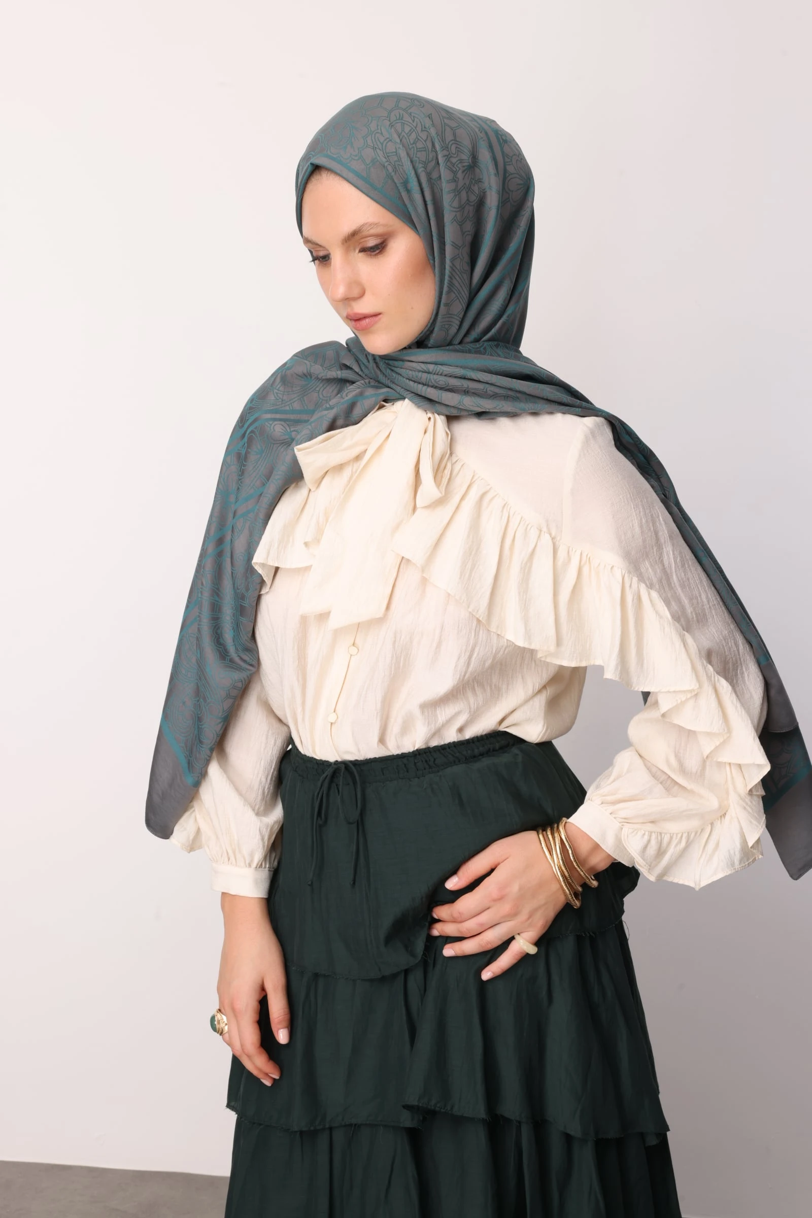 Toptan Lavin Desen Çift Taraflı Şal - Koyu Gri-Zümrüt