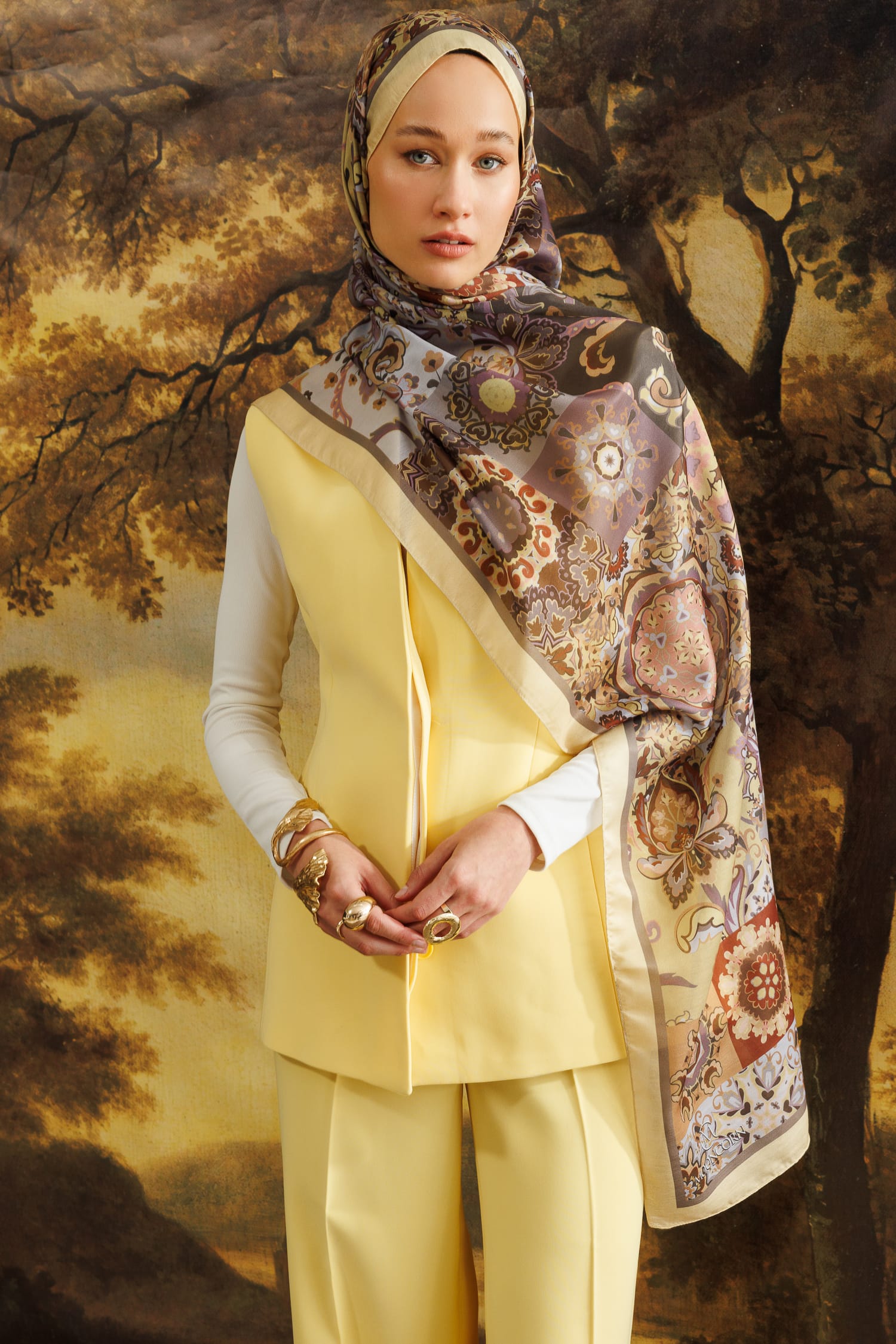 Toptan Solhar Desen Pamuk Şal - Sarı