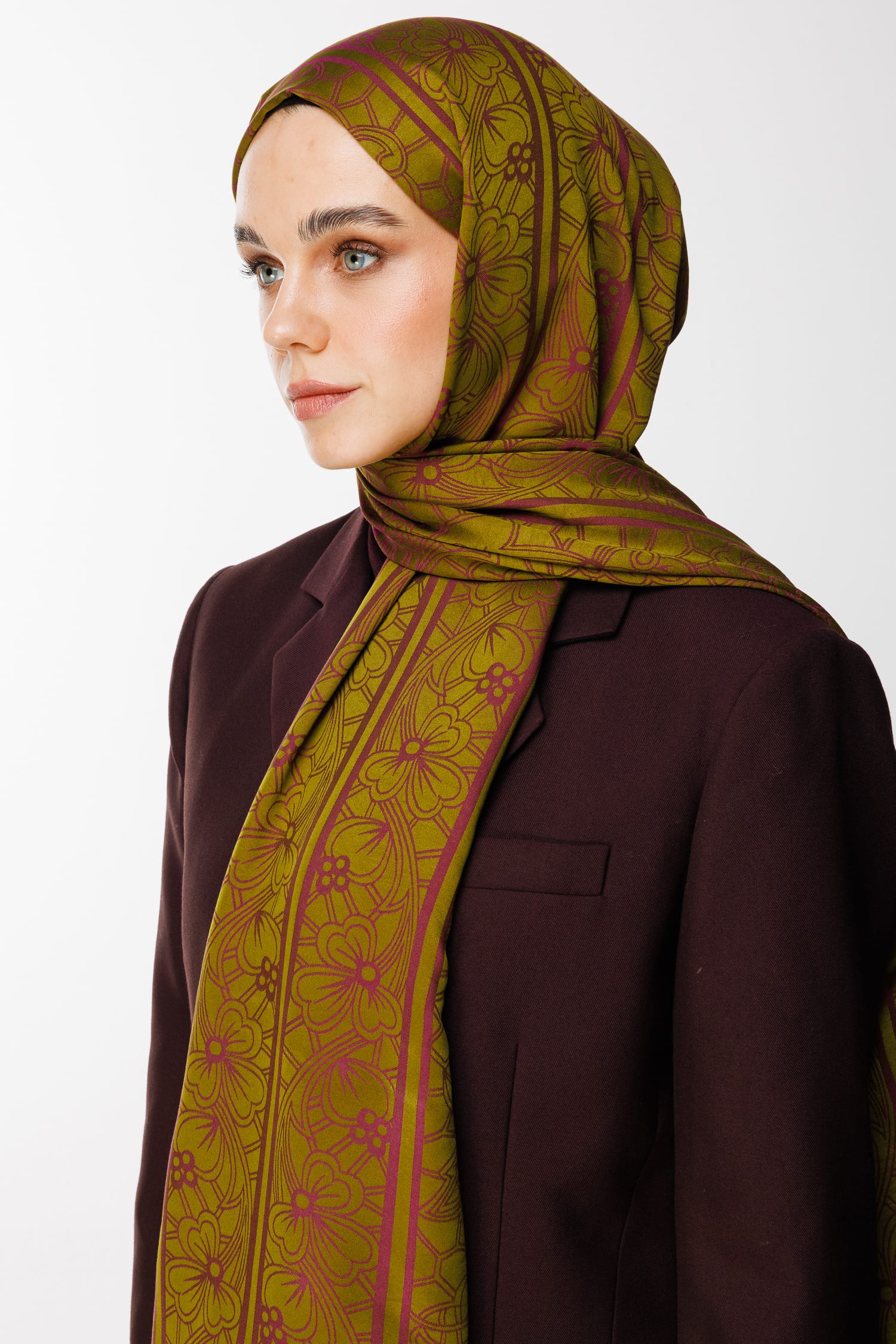 Toptan Lavin Desen Çift Taraflı Şal - Yağ Yeşili-Mürdüm