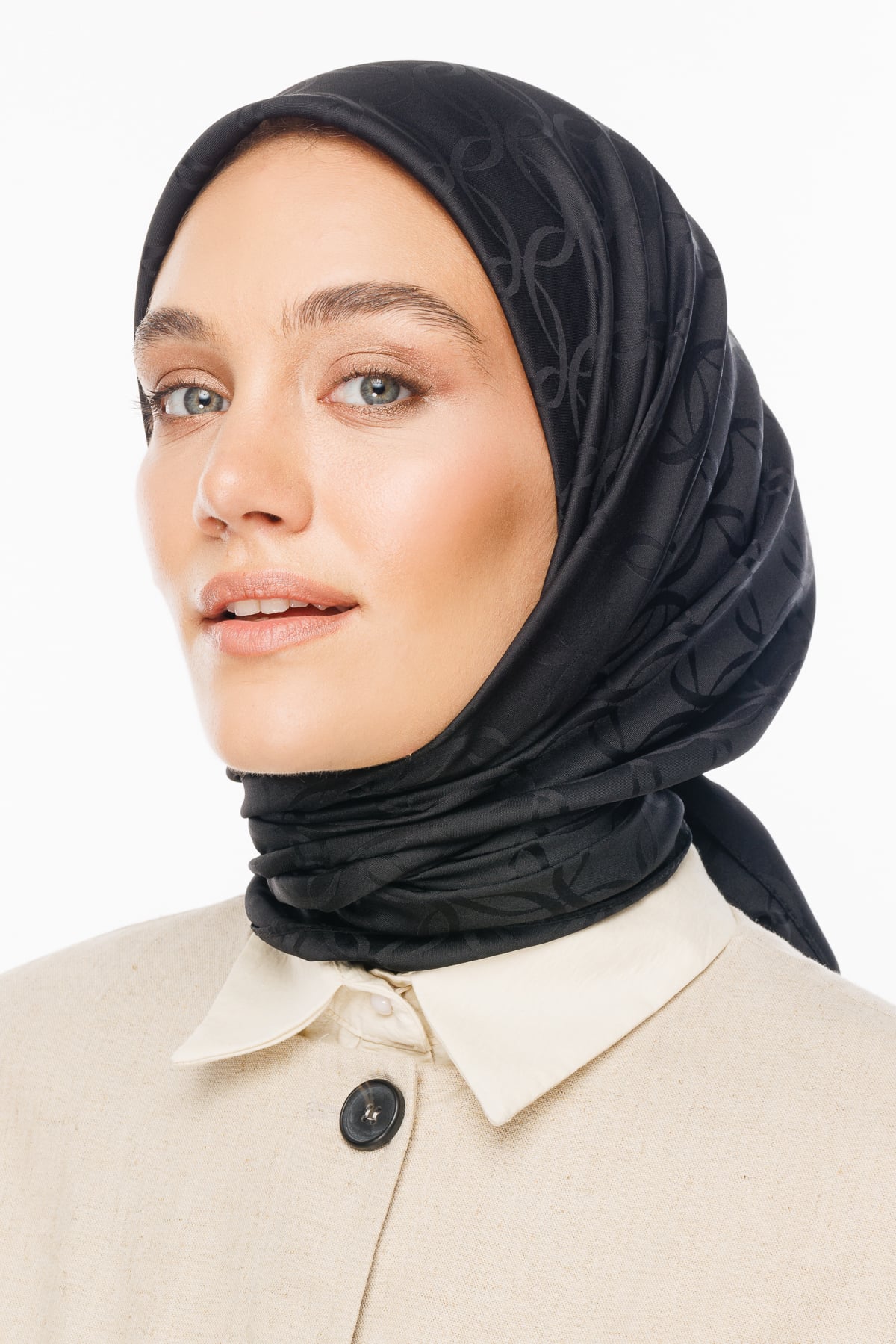 Toptan London Desen İpeksi Jakar Eşarp - Siyah