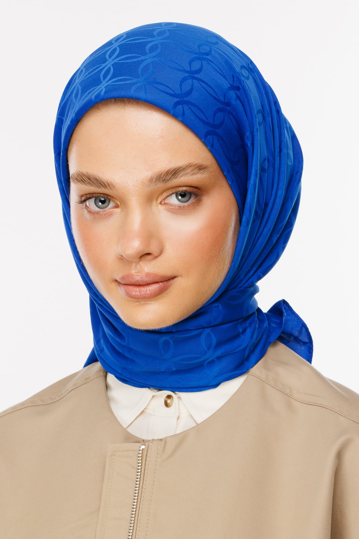 Toptan London Desen İpeksi Jakar Eşarp - Saks Mavi